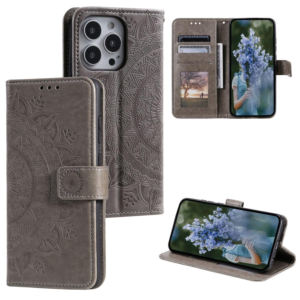 Protection Apple iPhone 15 Pro Max étui à rabat gris avec support