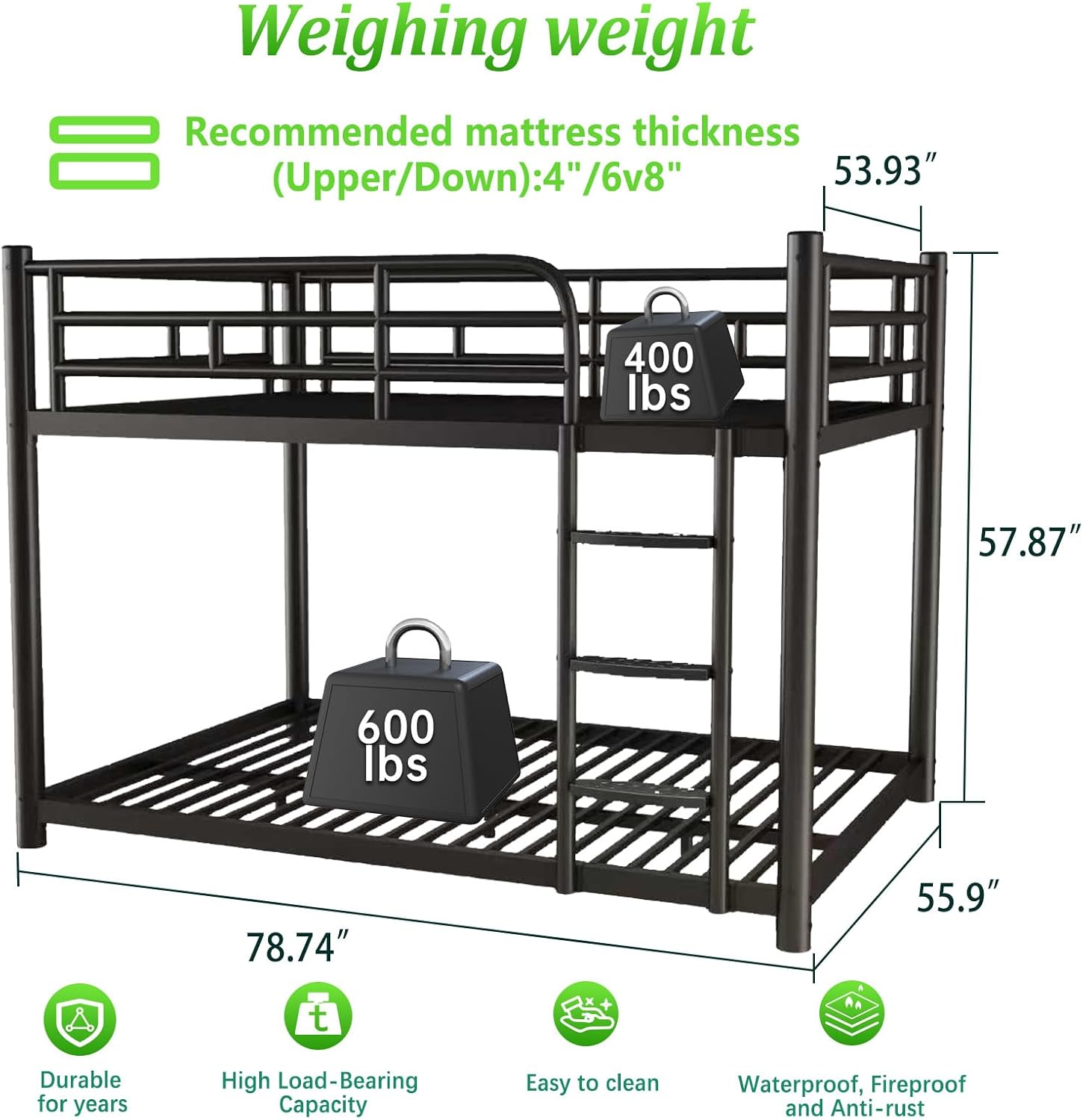 erosoei Metal Bunk Bed, Full Over Full Bunk Beds with Removable Wide Ladder and Full-Length Guardrails, Low Bunk Bed Frame with Mute Design for Undisturbed Sleep for Adults, Kids and Young Teens