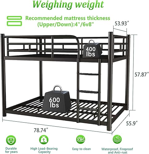 Miniatura 2 de Litera de metal, literas de tamaño matrimonial sobre tamaño matrimonial con escalera ancha extraíble y barandillas de longitud completa, marco de