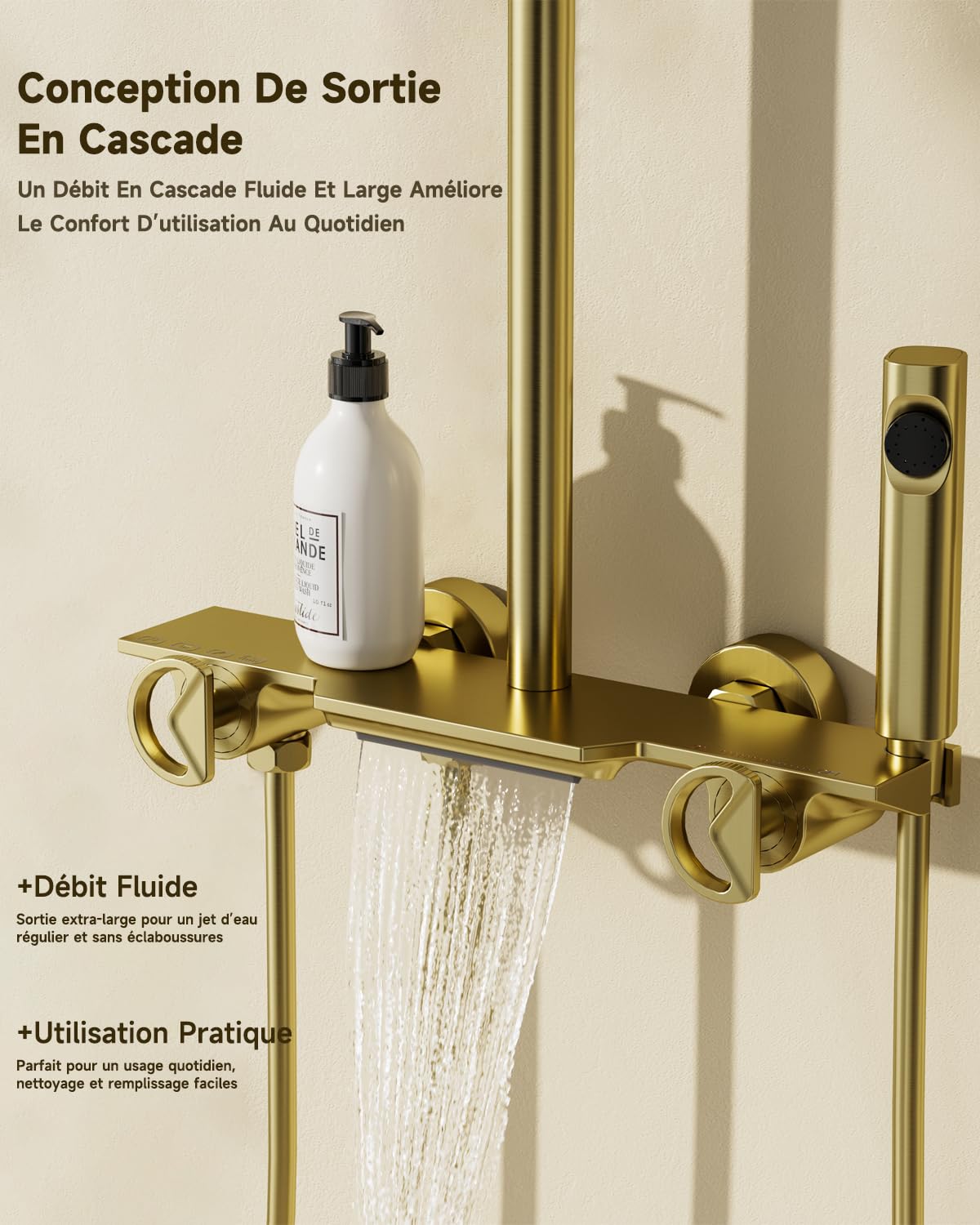 Colonne de douche, ensemble de colonne de douche 4-en-1 en or brossé | Pomme de douche rectangulaire à effet pluie 300 × 180 mm, orientable à 360°, douchette à main 3 modes, avec accessoires