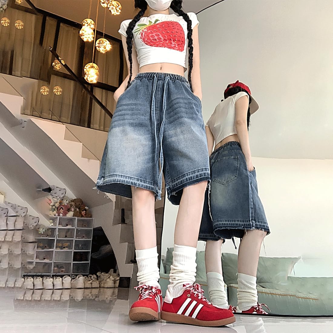 Gothic Y2K Grunge Vintage Casual Style Elastic Waist Wide Leg Drawstring Frayed Hem Bermuda Jean Shorts
