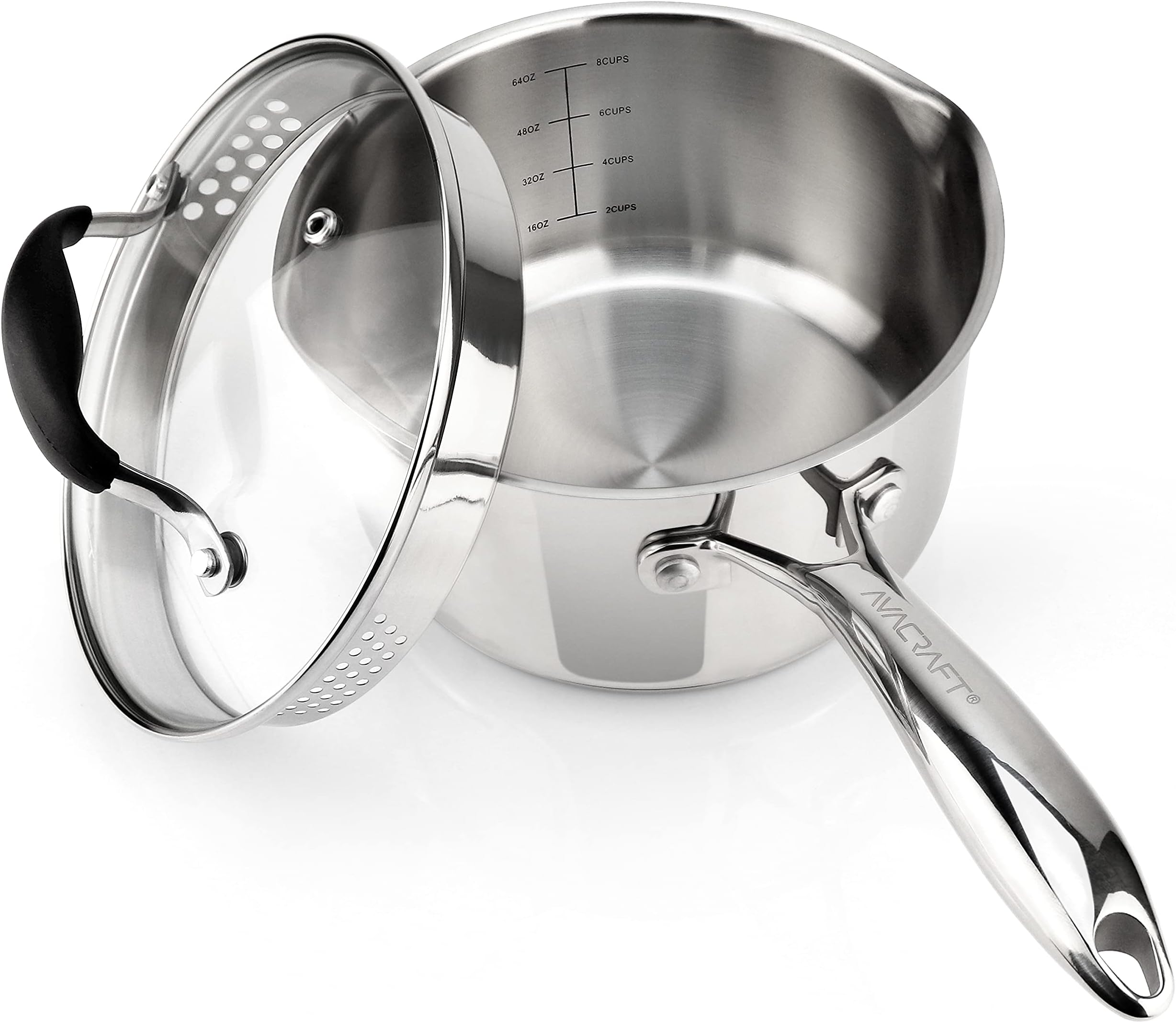 AVACRAFT Stainless Steel Saucepan with Glass Strainer Lid, Two Side Spouts for Easy Pour with Ergonomic Handle, Multipurpose Sauce Pot (5-Ply Capsule Bottom, 2.5 Quart)