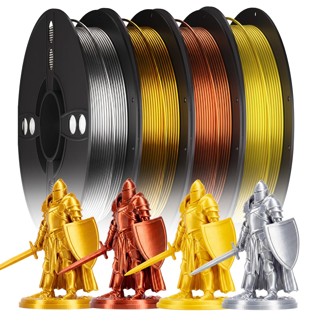PLA Filament Bundle 4 * 250g 1.75mm Silk Filament Gold+Silver+Copper+Yellow