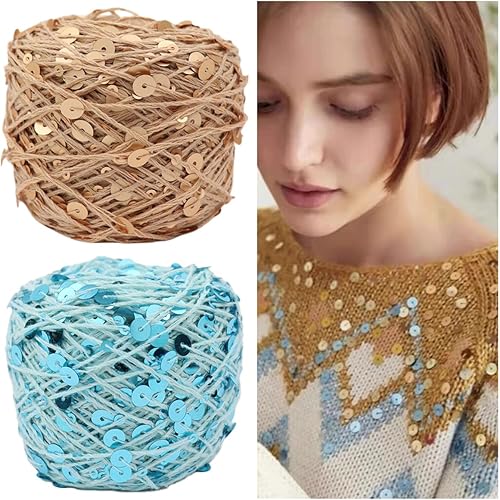 Miniatura 5 de Hilo de algodón de lentejuelas brillantes de 153 yardas, hilo brillante de ganchillo para diadema, gorro, tejer, suéter, tejido, puntada de