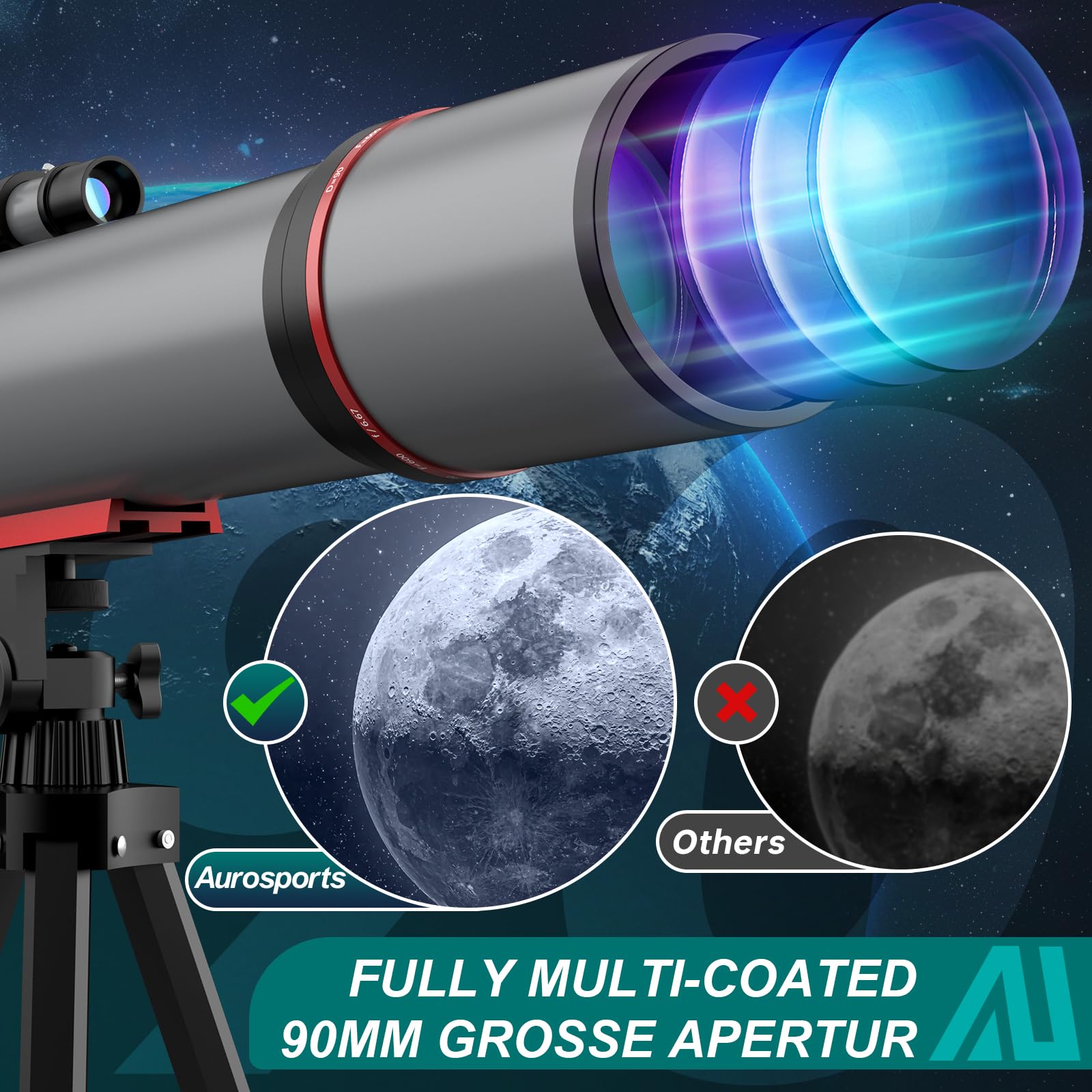 Aurosports Astronomisches Teleskop für Erwachsene - 90mm Öffnung 600mm Refraktor Teleskop Anfänger kompaktes und tragbares Reiseteleskop mit Rucksack