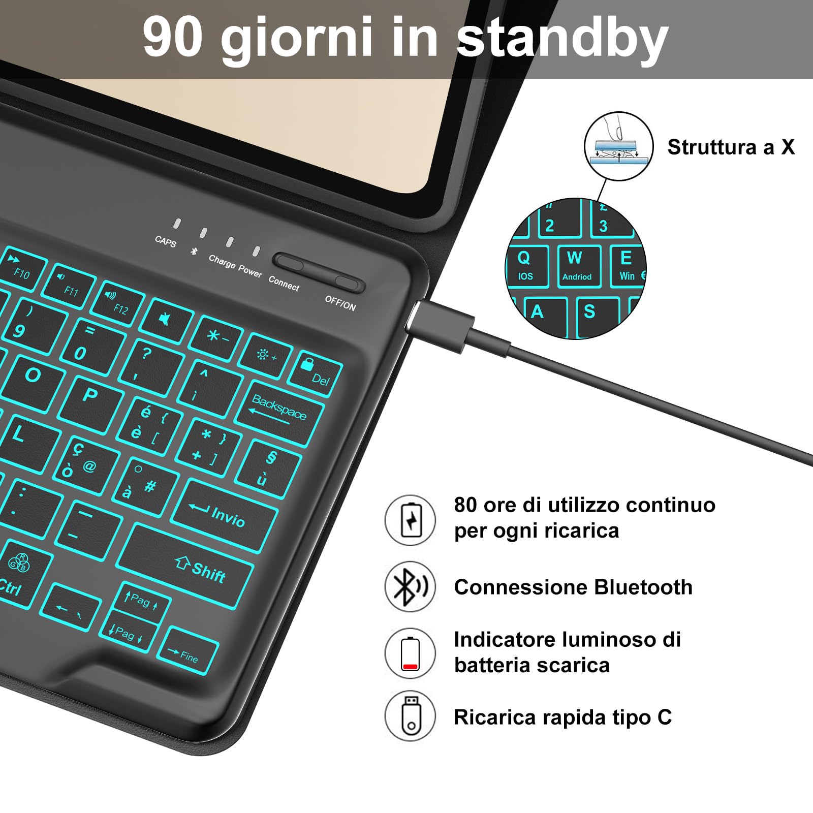 IVEOPPE Tastiera per HONOR Pad 10 12.1 Pollici 2025, Cover con Tastiera Rimovibile, Keyboard Italiano QWERTY 7 Colori Illuminato, Custodia con Portapenna, Nero