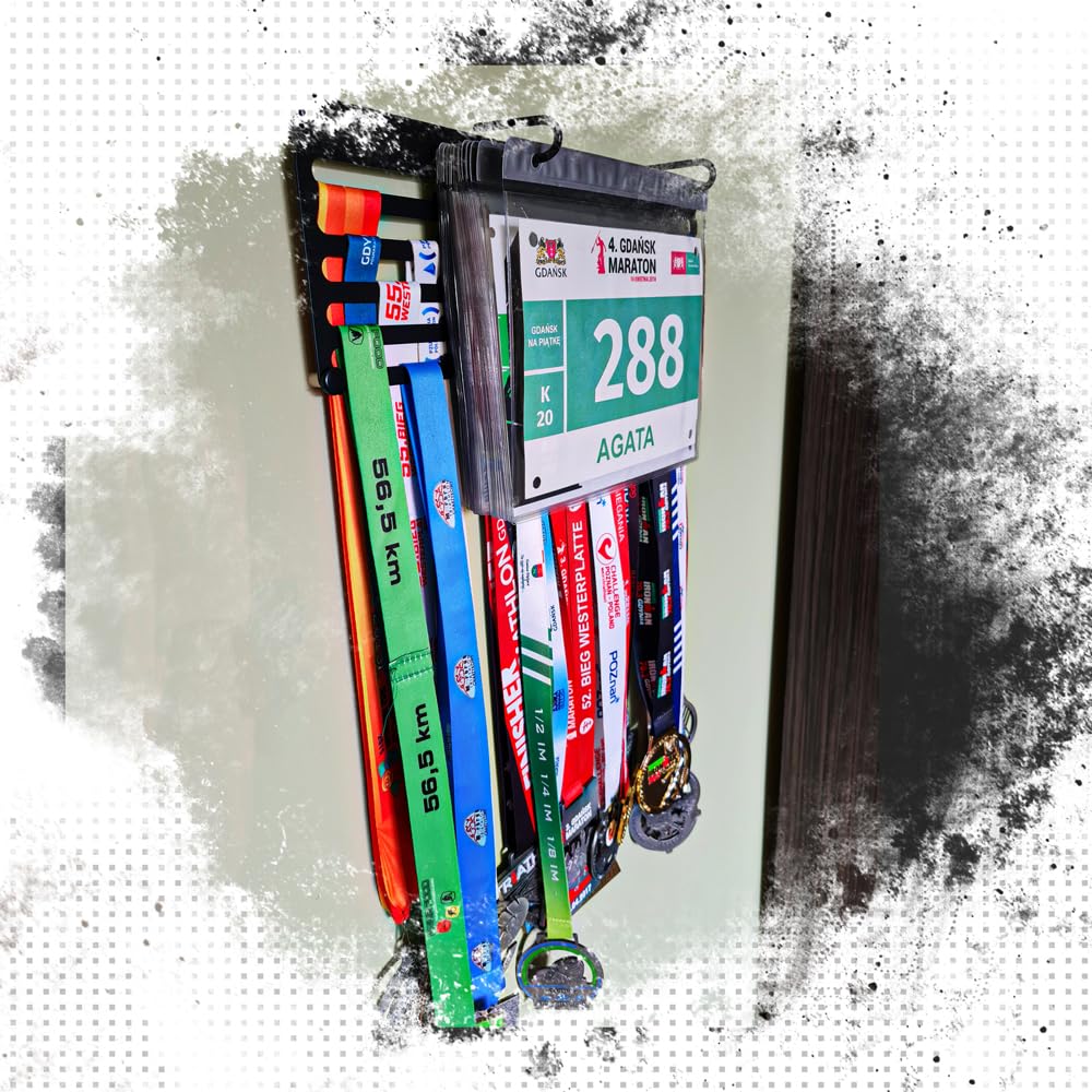 Medalla de correr 40 × 13 cm – Soporte de pared compacto de metal con fundas para números – exhibición de medallas – Regalo para corredores