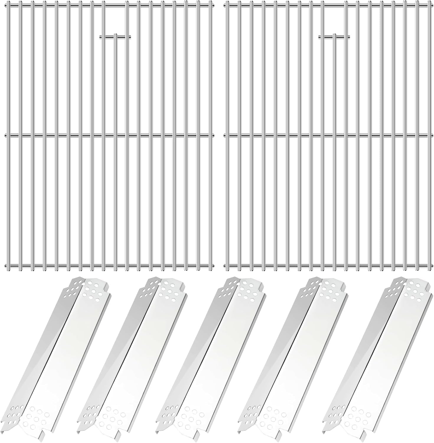 Uniflasy Parts for Nexgrill 720-0830H, 720-0888/720-0888N, Cuisinart CGG-7400 – 17" Stainless Steel Cooking Grates (2 Pack) + Heat Plates/Flame Tamers (5 Pack) for Nexgrill Replacement Parts