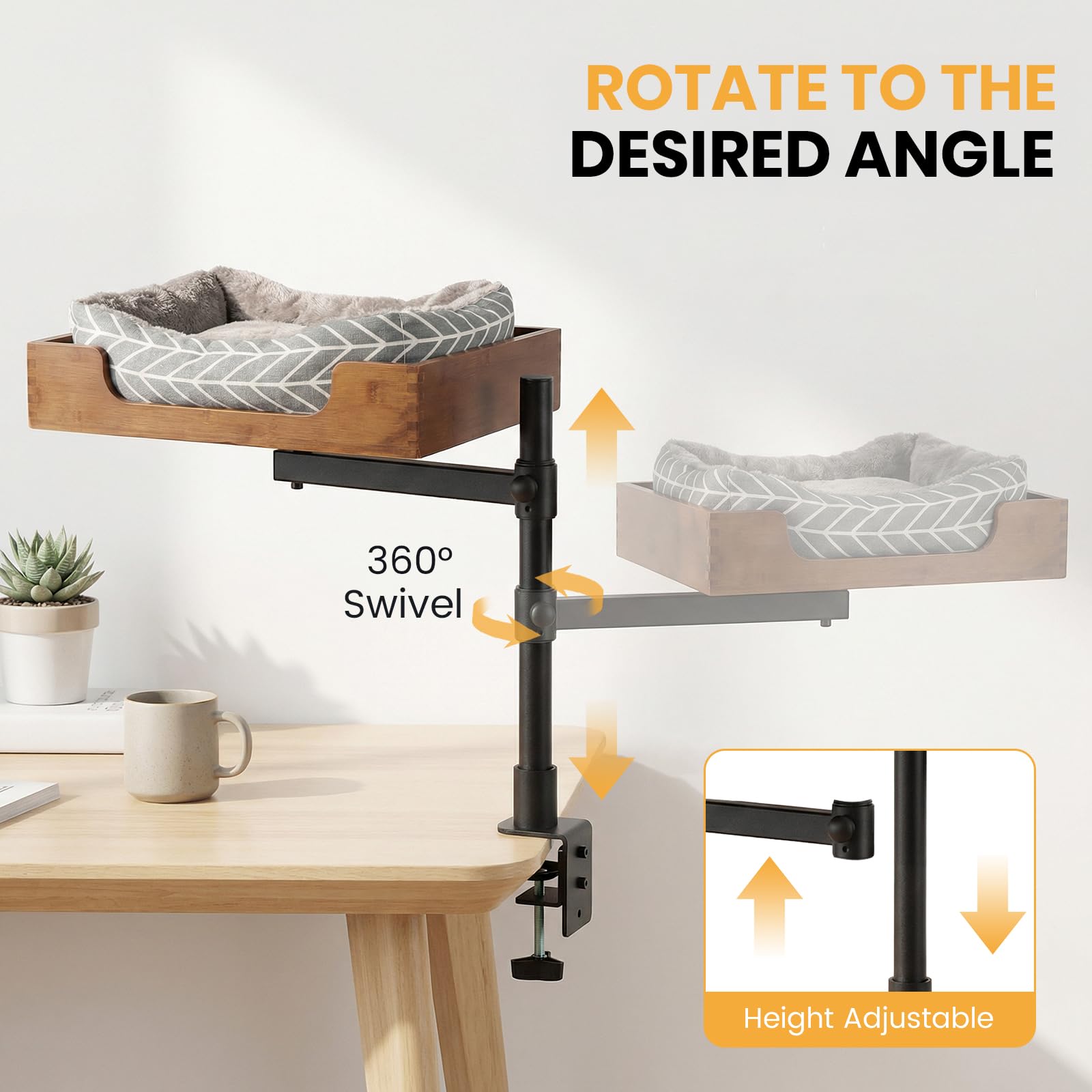 Scrivania-letto per gatti con elegante base in bambù e morbida imbottitura. Morsetto stabile e robusto per regolare l'altezza e rotazione a 360°. Portata massima: fino a 15 kg (Tappetino grigio)