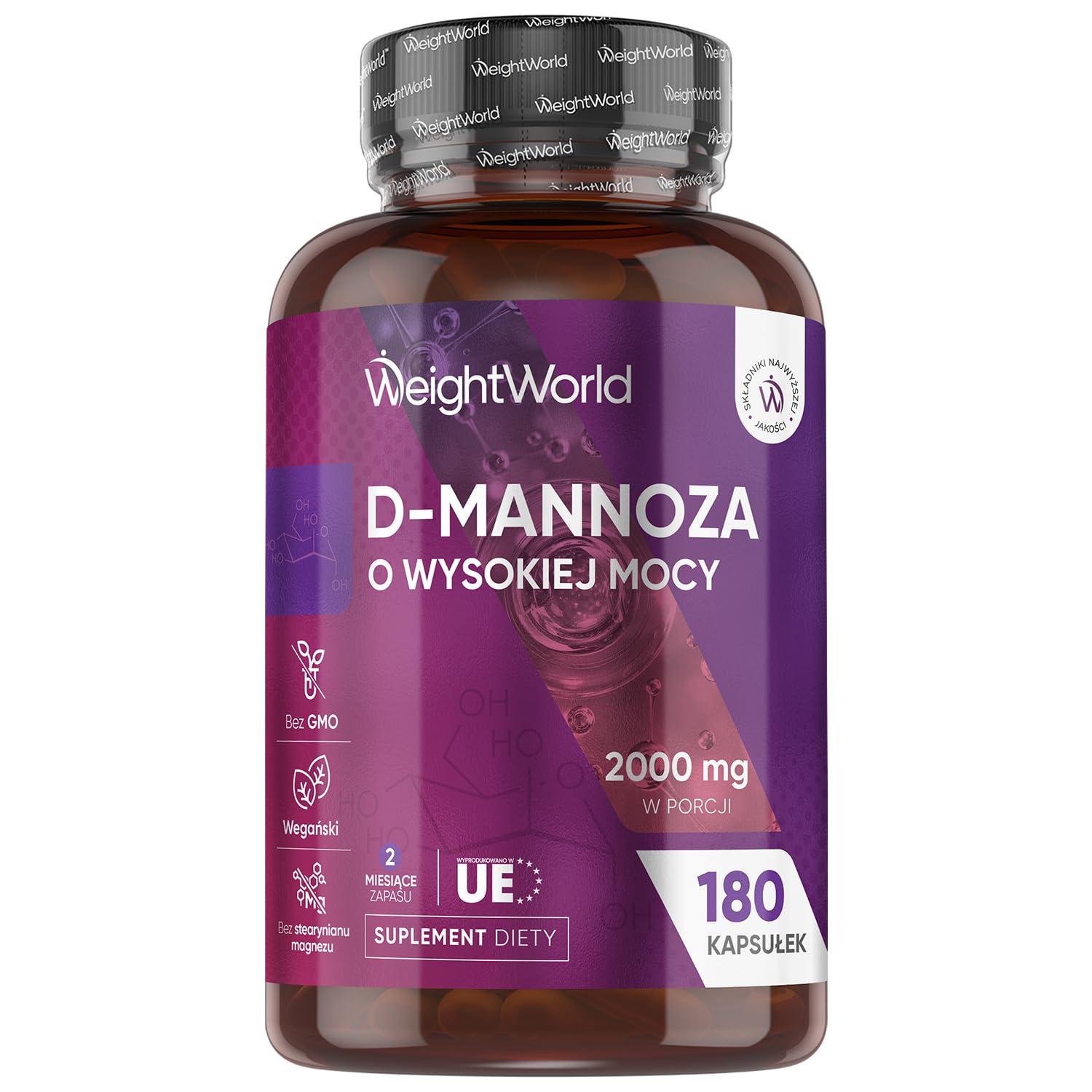 D-Mannoza 2000 mg – 180 kapsułek na 2 miesiące stosowania – suplement pochodzenia naturalnego – bez GMO i dodatków – odpowiedni dla wegan, bez stearynianu magnezu