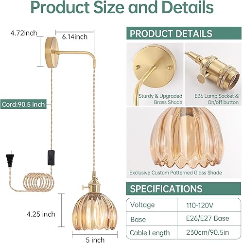 Miniatura 3 de Lámpara de pared vintage con pantalla de cristal de tulipán ámbar, aplique de pared colgante con cable de enchufe de 4.9 pies, lámpara de pared