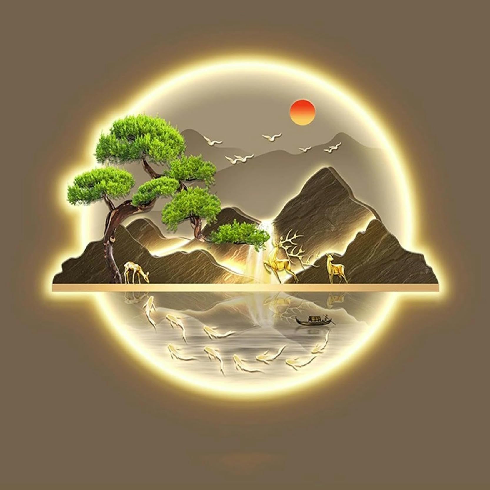 con luz LED, Escultura de Pared Grande y Redonda, Pintura de Paisaje, decoración Oriental Moderna, Obras de Arte para la decoración del hogar, Pinturas Colgantes de paisaj