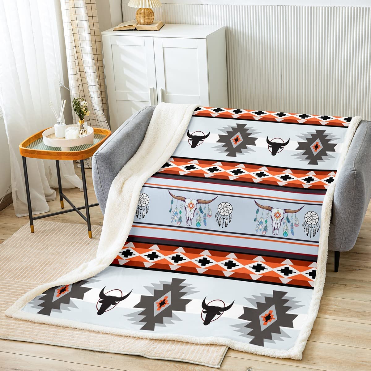 Couverture Aztec 130X150Cm en Peluche Sherpa Boho Orange