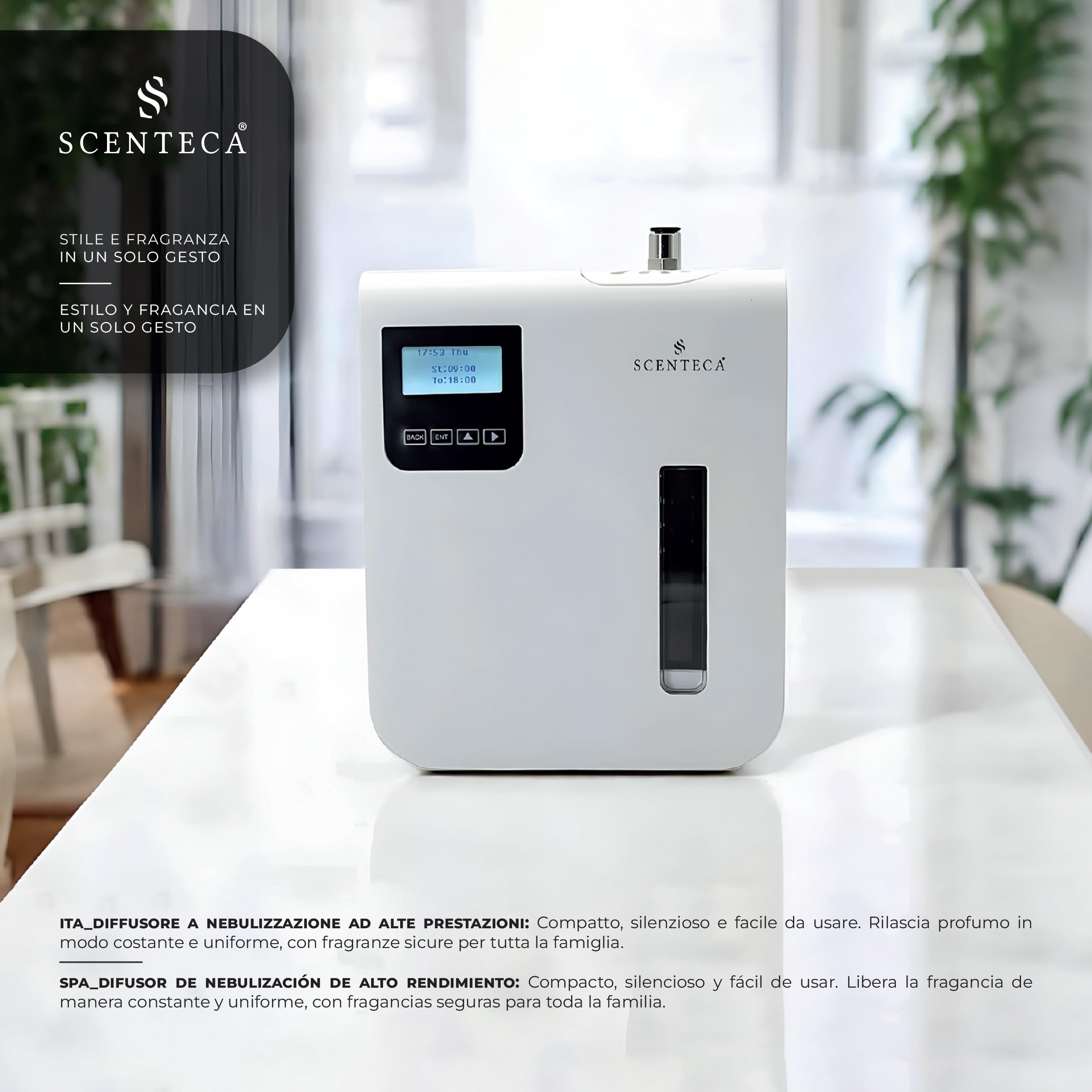 SCENTECA Difusor eléctrico de aceites esenciales Modelo AD-P3, con fragancia de Té Blanco y Flores de Primavera incluida, nebulización en frío, cobertura de hasta 100 m², para casa y oficina (100 ML)