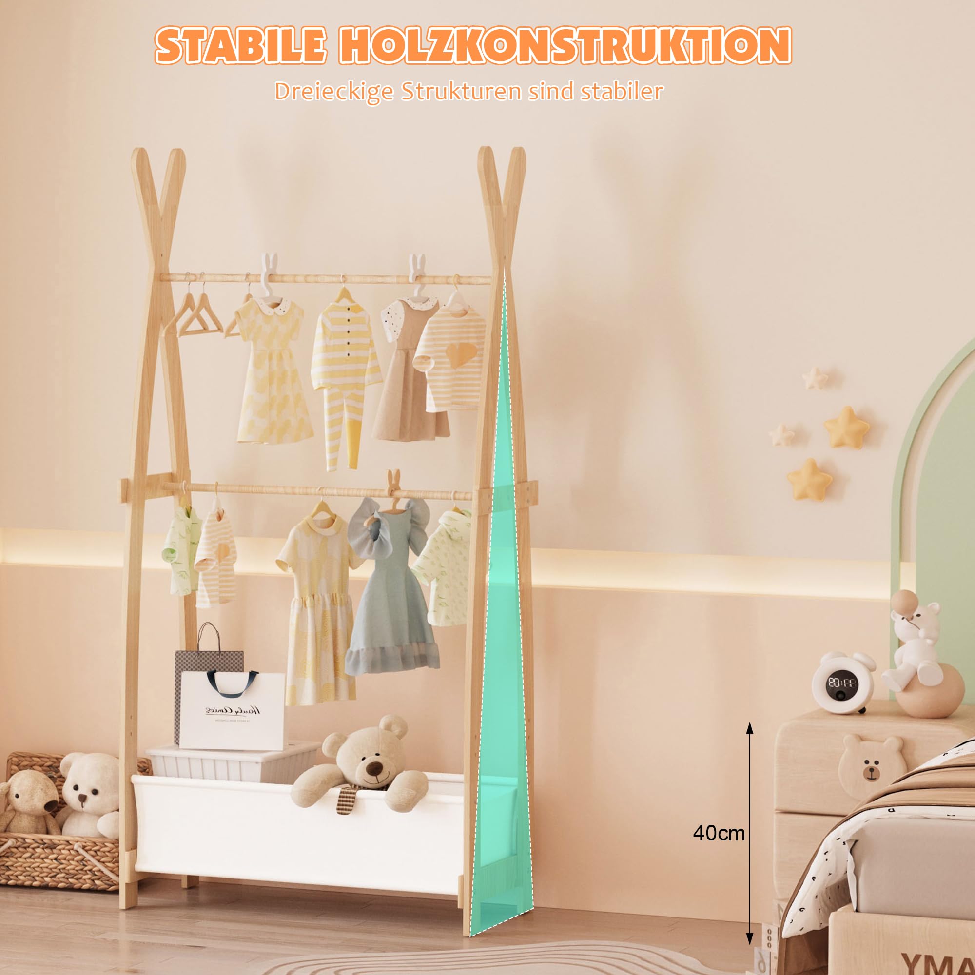 KEEPREAPER Kinder Kleiderständer Holz, Garderobenständer mit Aufbewahrungskiste und Kleiderstange, Kindergarderobe für Kinderzimmer, Mädchen (82 x 43 x 180cm)