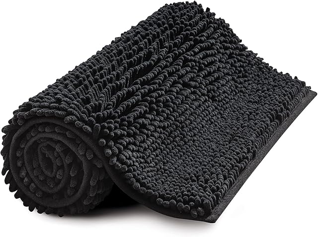MIULEE Bath Mat Non Slip Chenille Bathroom Mat Bath Rug Anti Slip Rug Underlay Washable Absorbent Shower Mat Super Cozy and Shaggy, Soft Fluffy Rugs for Bathtub, Shower and Bathroom 40x60 cm Black
