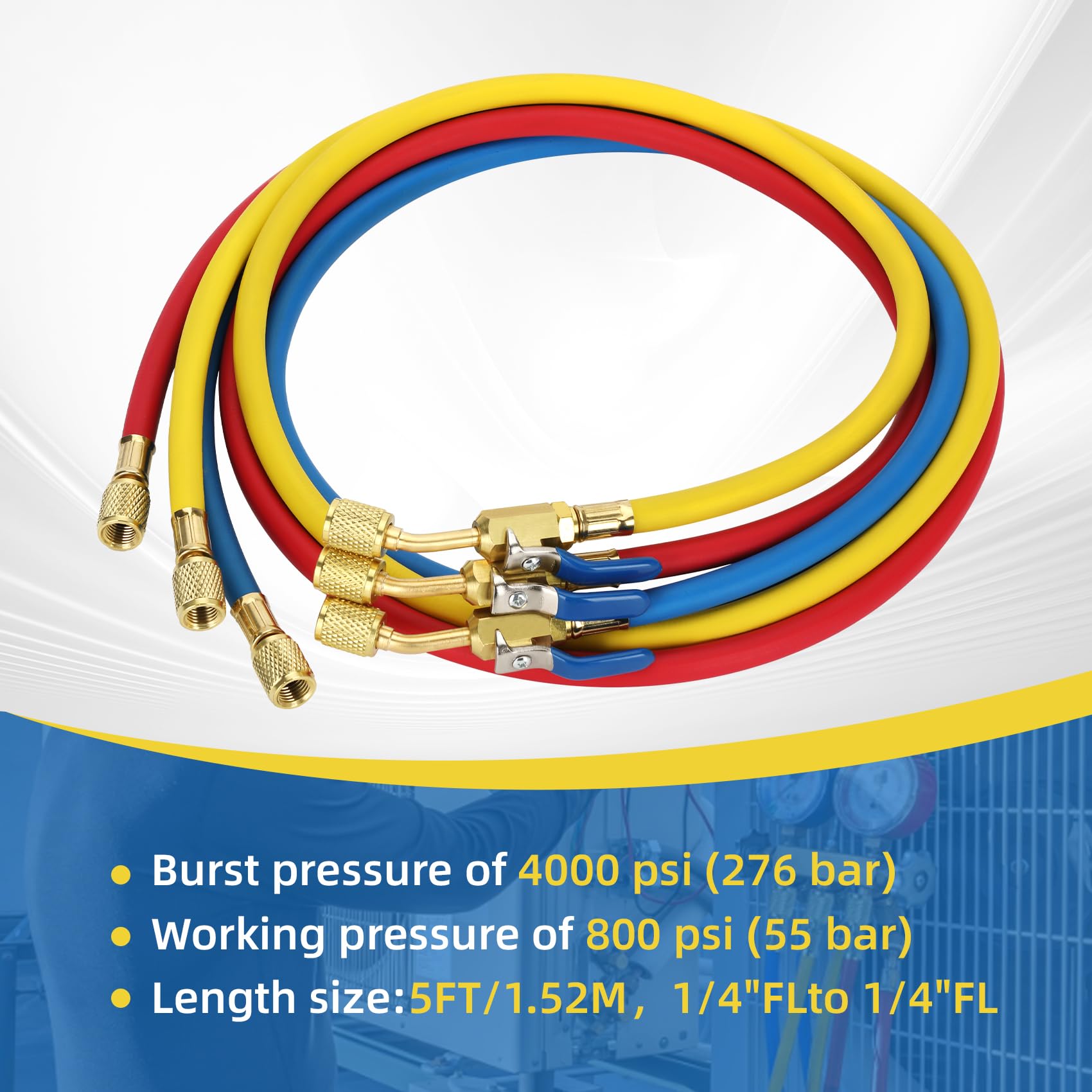 Kältemittelschlauch mit kompaktem Kugelhahn (1/4 Zoll Flare) – 4000 PSI, 29985 Plus II 1/4 Zoll HVAC Schlauch R410A R134a R22 kompatibel, Rot/Gelb/Blau, 3 Stück