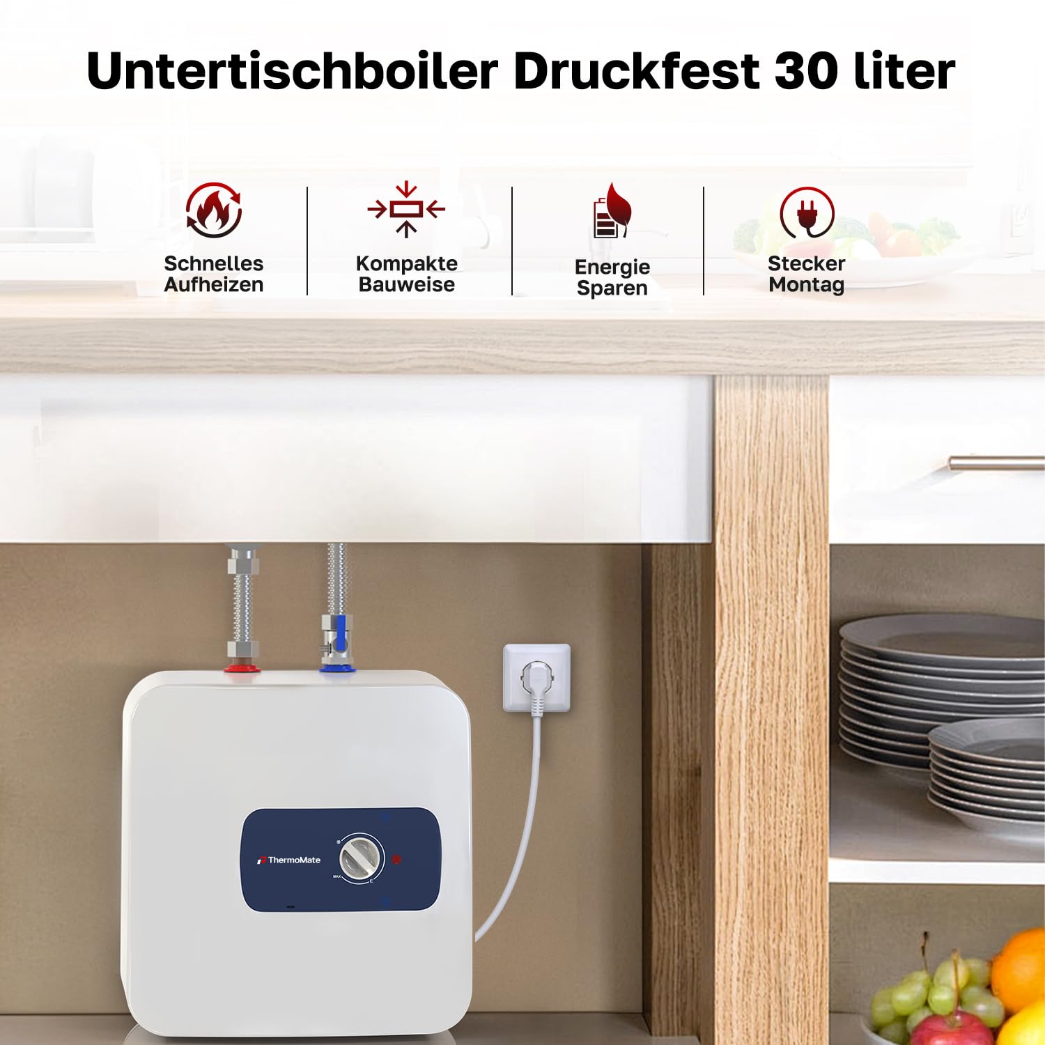ThermoMate Scaldabagno Elettrico 30 Litri, 2000W, Sottolavello | Elettrico Boiler Compatto e poco ingombrante, Risparmio, Con spina a 230V, plug e giocare