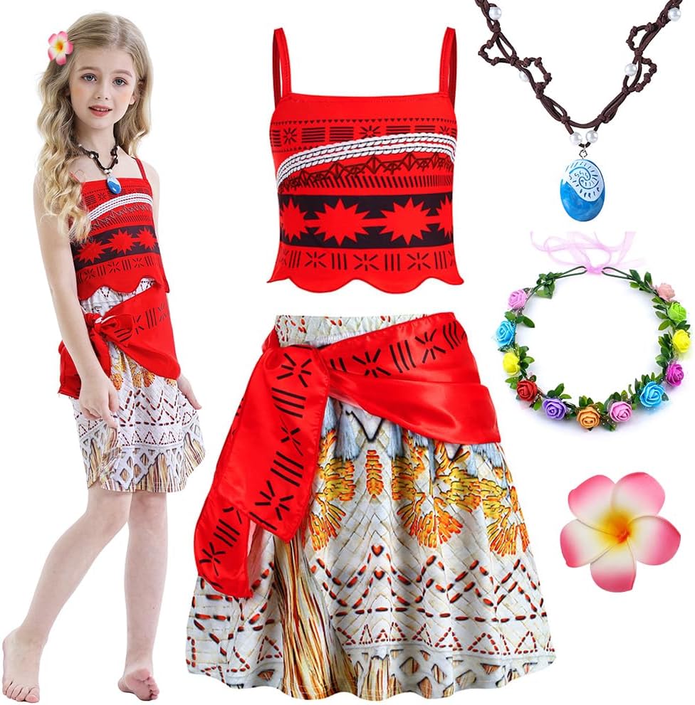 TOLOYE Moana Costume for Girls, Moana Dress Up for Girls with Flower Crown Necklace Flower Clip, Adventure Outfit, Kids Fancy Dress for Carnival Birthday Party Holiday Cosplay