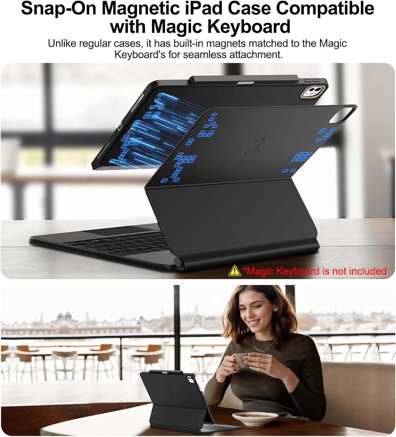 Magic Keyboard Compatible Case for iPad Pro 13 inch M4/M5 2024/2025, Cover with Apple Pencil Holder for Smart MagicKeyboard Folio Slim Durability (Keyboard Not Included), Black Delicate Leather