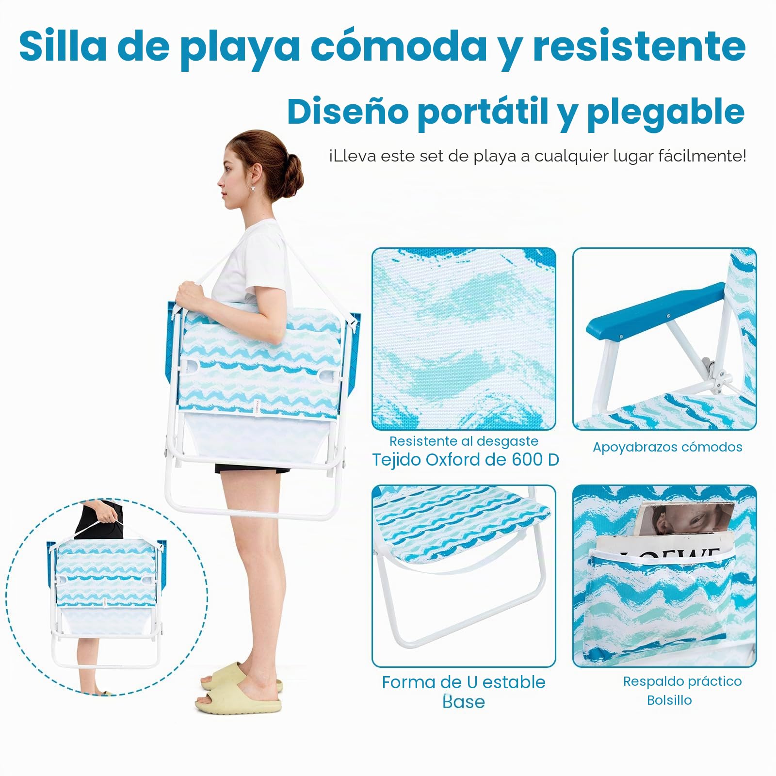 KOMFOTTEU Juego de 2 Sillas de Playa con Sombrilla y Manta de Picnic, Sillas Pórtatiles Plegables con Portavasos, Sombrilla Reclinable a 30 ° con Bolsa de Transporte, para Camping, Pesca (Azul)