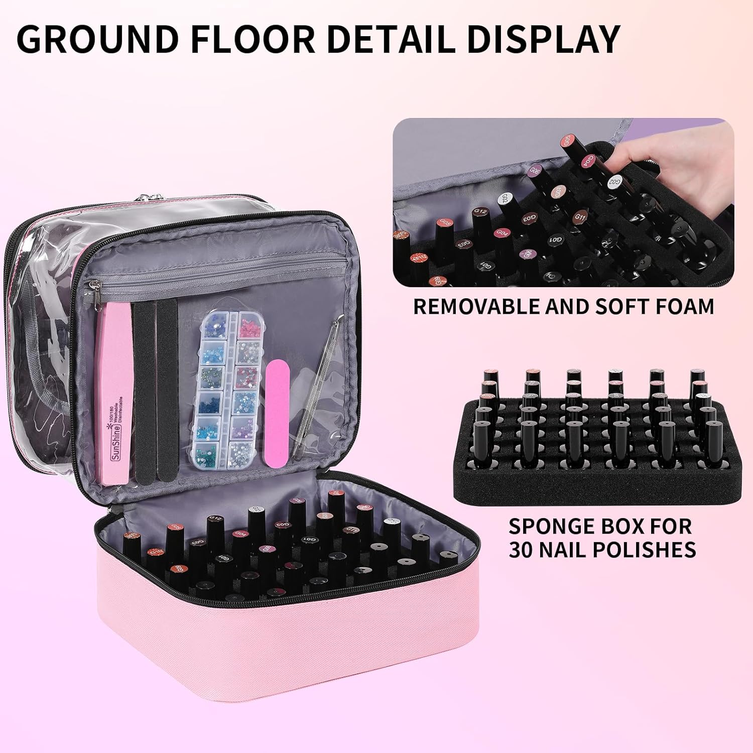 Clear Nail Polish Organizer Double layer Nail Polish Holds 30 Bottles and Nail Lamp, Nail Dryer Case Storage Supplies with Adjustable Dividers, Portable Nail Carrying Bag for Nail Tech (Pink)