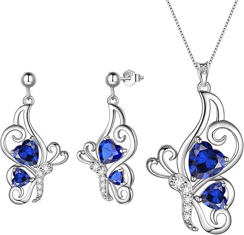 Butterfly Heart Jewellery Sets - Women 925 Sterling Silver Animal Butterflies Birthstone Necklace Earring Bracelet Set Crystal Wedding Birthday