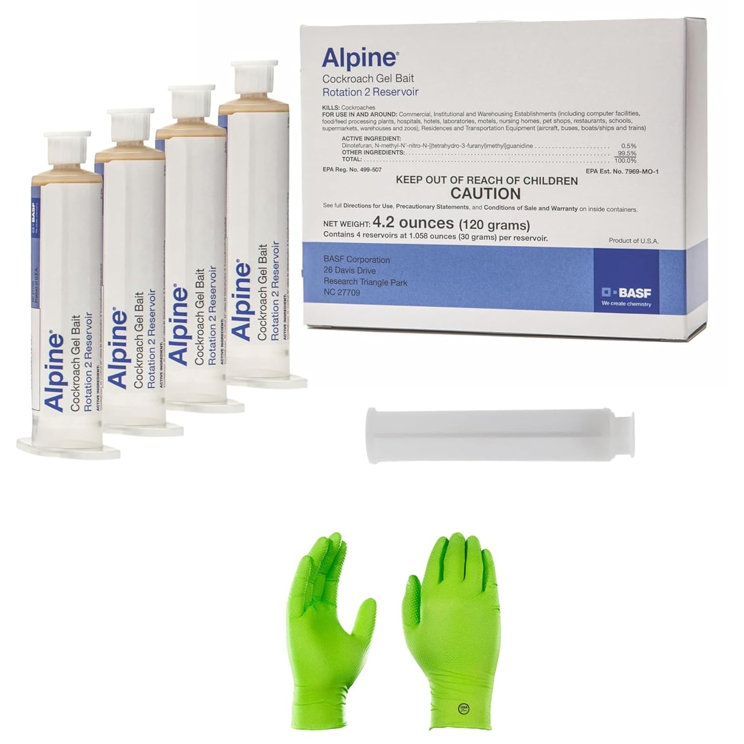 Alpine Rotation 2 Cockroach Gel Bait Roach Killer for Indoor or Outdoor Infestation Control, Syringe Applicator 30 gram, 4 Pack with USA Supply Protective Gloves