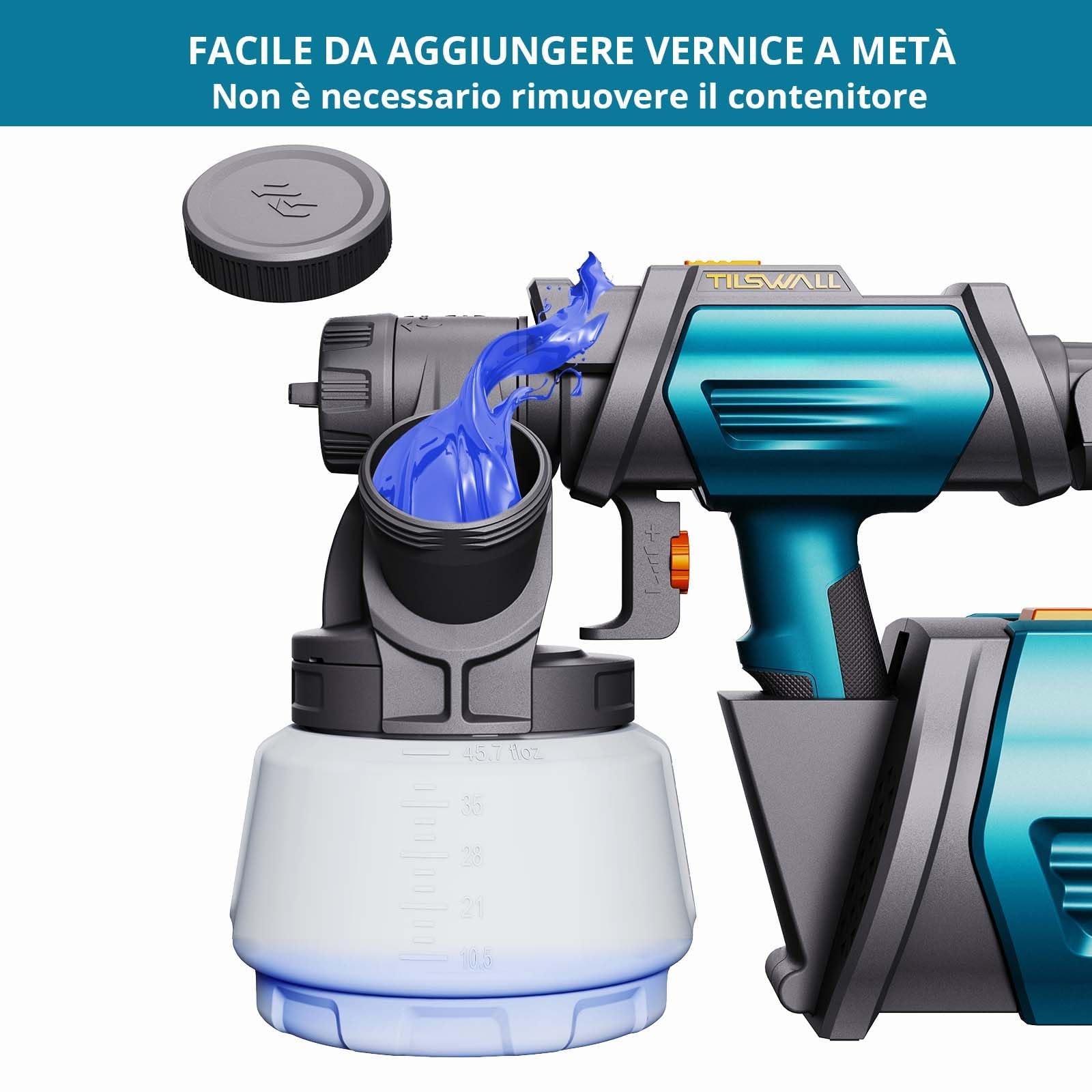 Tilswall Pistola a Spruzzo per Verniciare Shark 800, Pistola Vernice Elettrica con Contenitore 1300 ML, 4 Ugelli in Ottone e 3 Modalità di Spruzzo, 1200 ML/MIN, Facile da Pulire per Mobili, Pareti