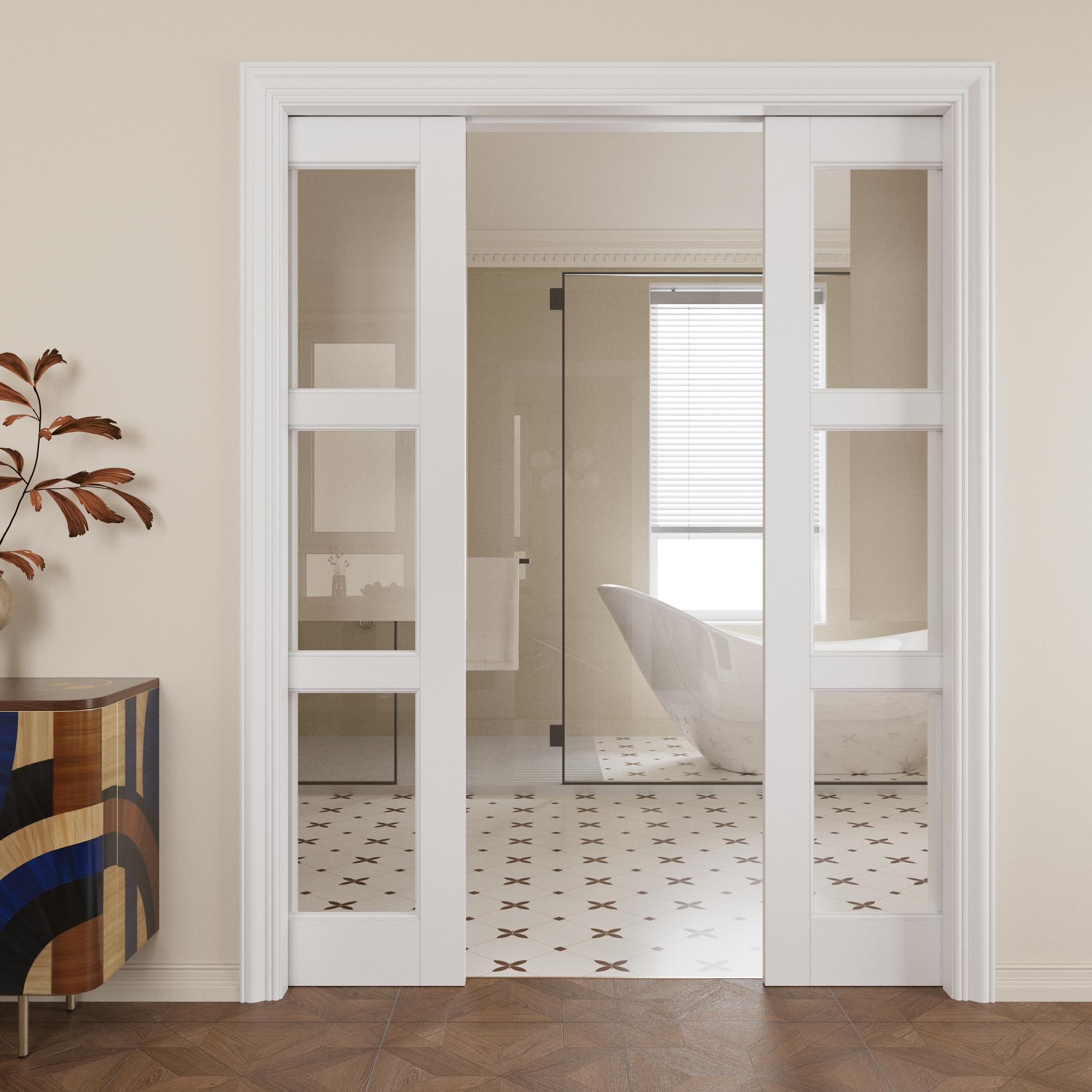 Pocket Door,3-Lite Clear Glass Doors,French 60x80 Sliding Door