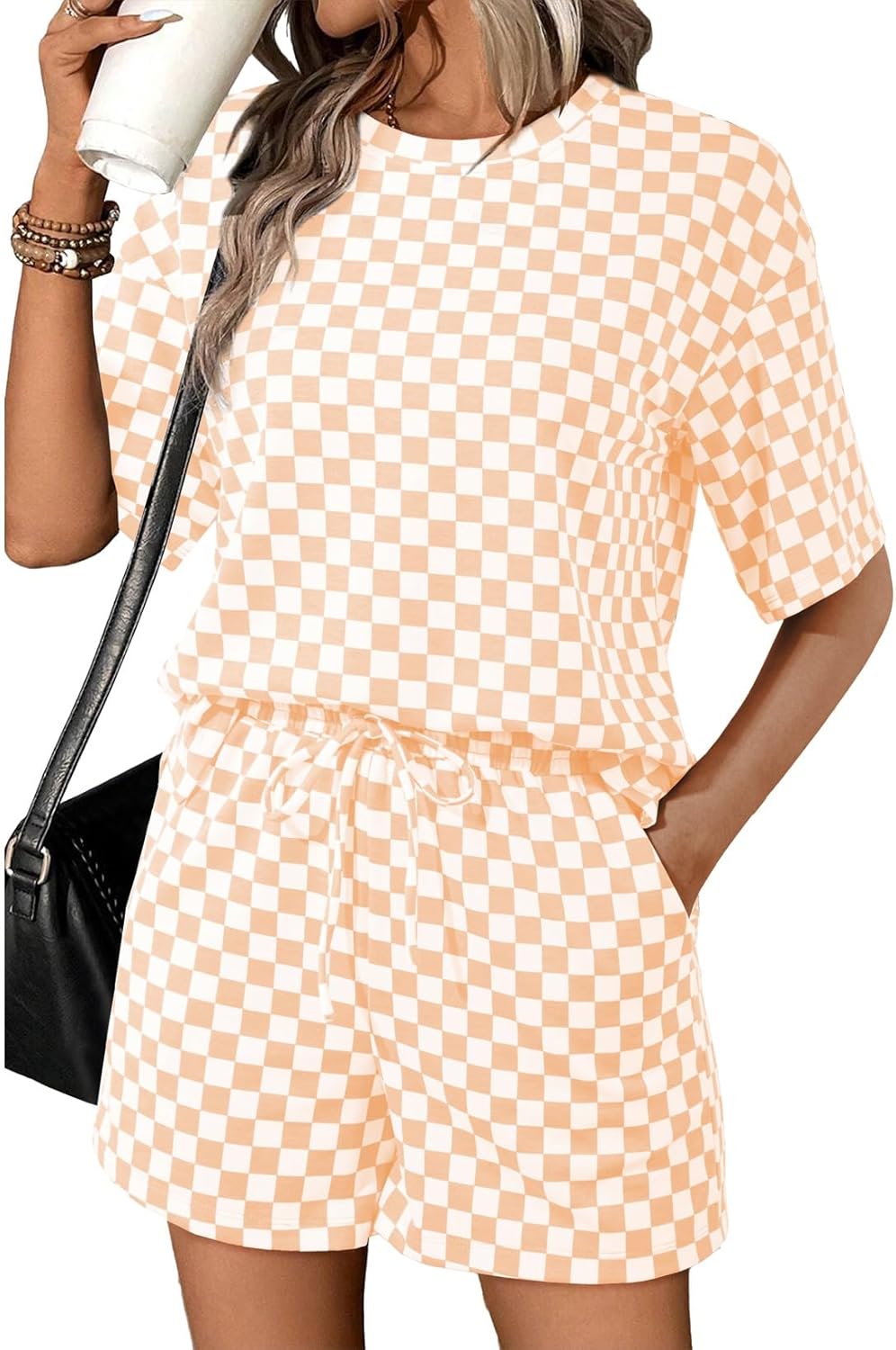 SHEWIN Women's Plaid 2 Piece Short Sets 2026 Lounge Beach Travel Vacation Outfits Matching Shorts Sweatsuit with Pockets