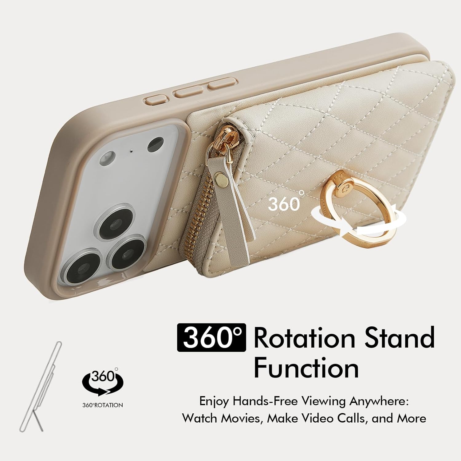 ZVE for iPhone 17 Pro Max Case Wallet with Card Holder, 360° Rotation Ring Stand Crossbody Wallet Cover 6.9 Inch-Beige