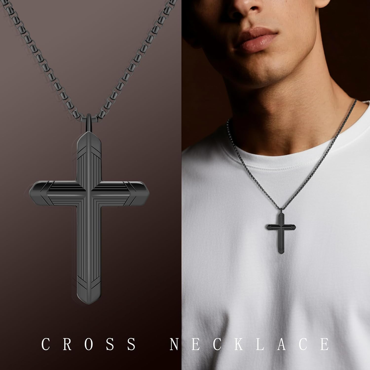 Cross Necklace for Men - Silver/Gold/Black 24-inch Stainless Steel Chain with Cross Pendant, Jewelry Gift for Him - Image 2