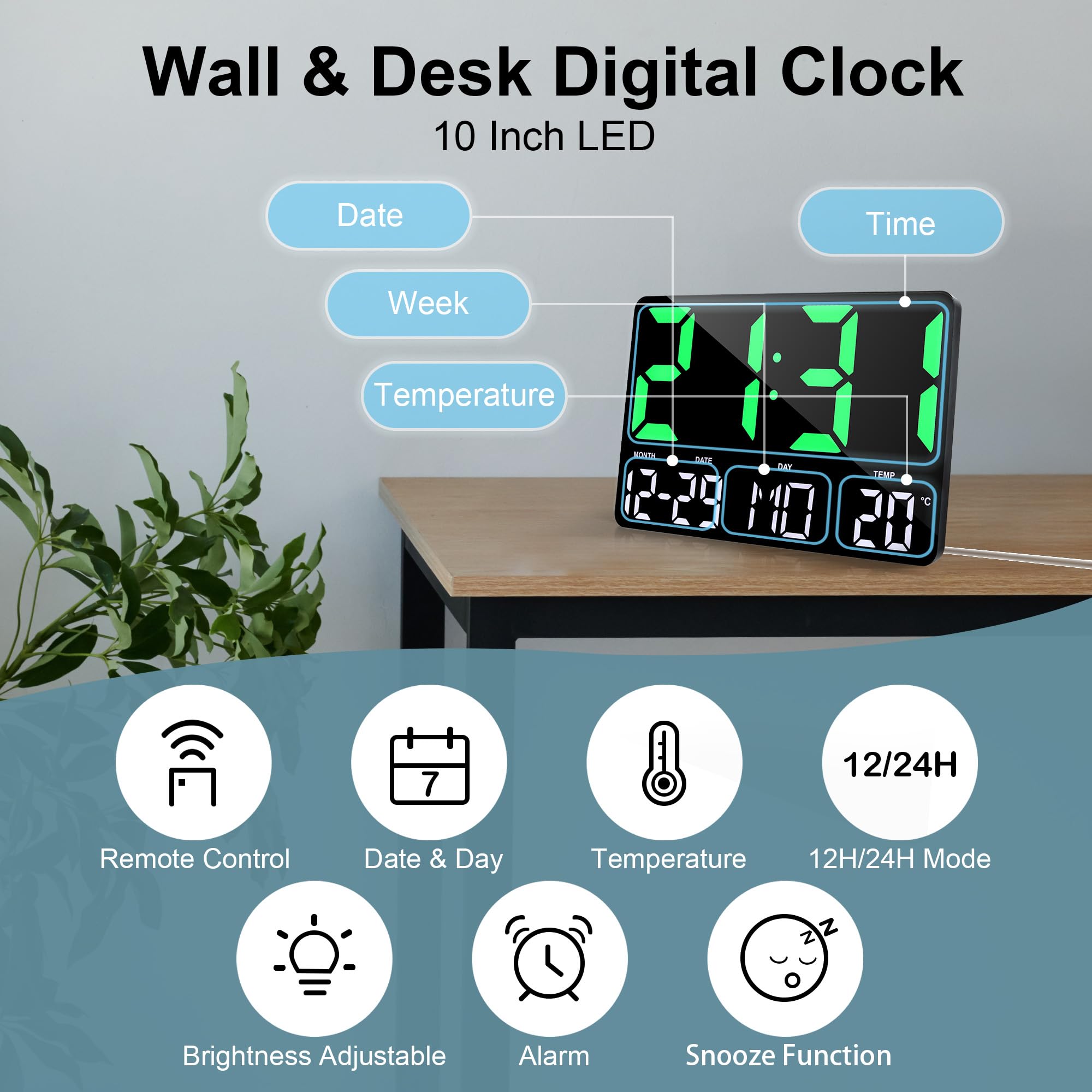 Lafocuse Horloge Murale Numérique LED 12" avec Télécommande, Température, Date, Alarme, Snooze, Luminosité Réglable, Vert