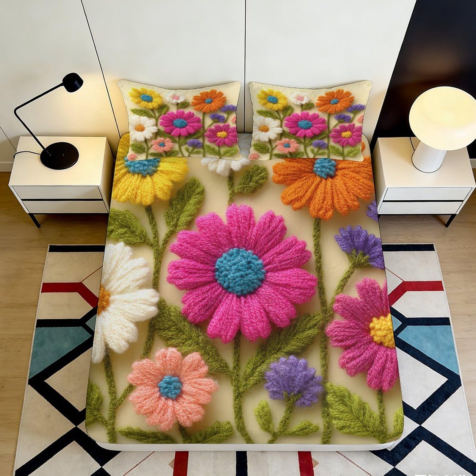 Pnayamiorkfel Style-4 3D Printed Colorful Yarn Daisy Fitted Sheet Microfiber Soft Non-Slip Bed Cover For Bedroom Guestroom Decor 90X200x25cm
