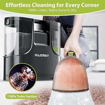 Upholstery Carpet Cleaner, MUJERBAY 15Kpa Portable Spot and Stain Cleaner Shampooer, Easy Move with Handle, 1.5-inch Deep Cleaning Machine for Couch, Stairs, Car and Pet Messes.