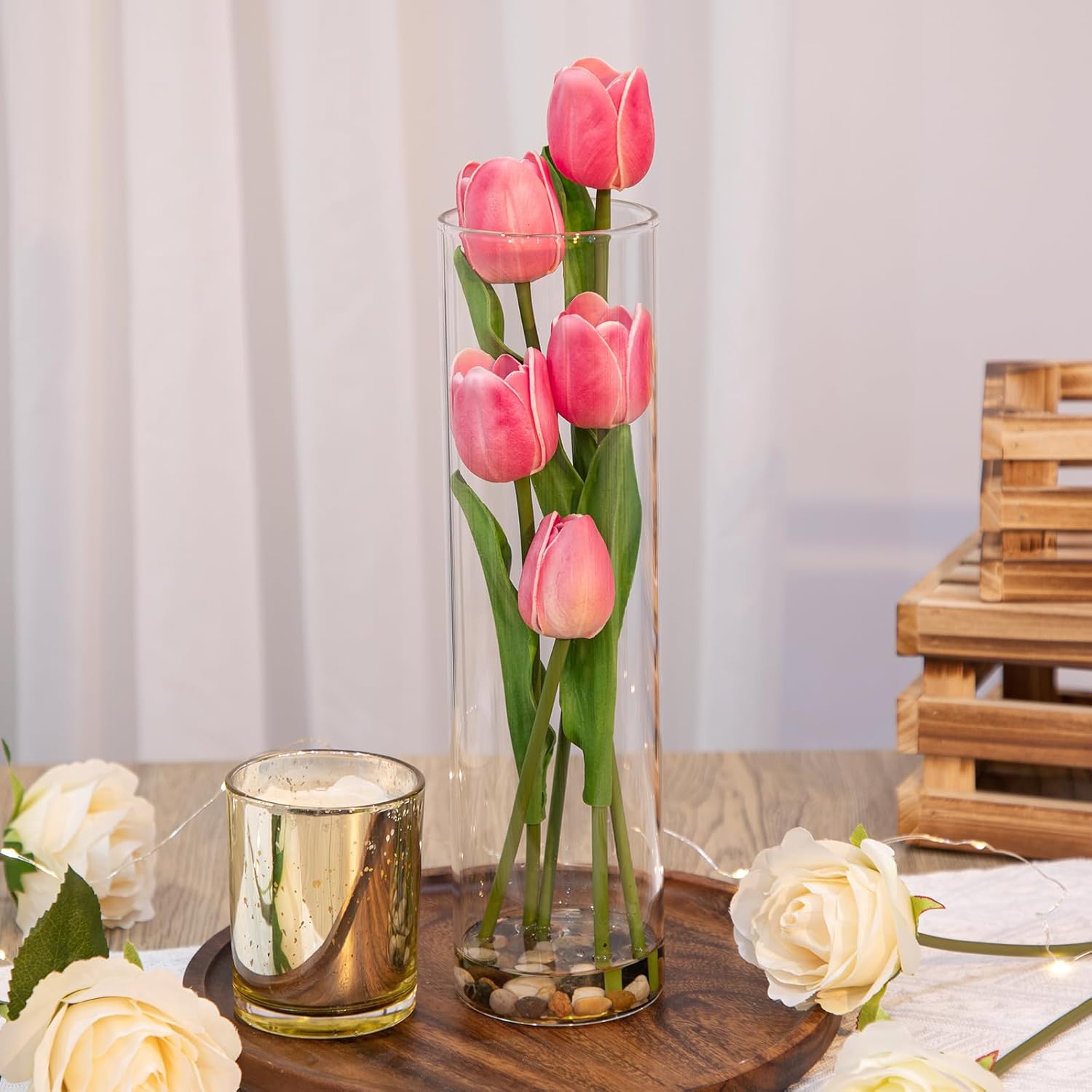 DILATATA Artificial Tulips in Clear Cylinder Vase Faux PU Tulip Wedding Centerpiece Fake Tulips in Cylinders Pink Tulip Centerpieces for Home Office Table Shelf Decor-2Pcs
