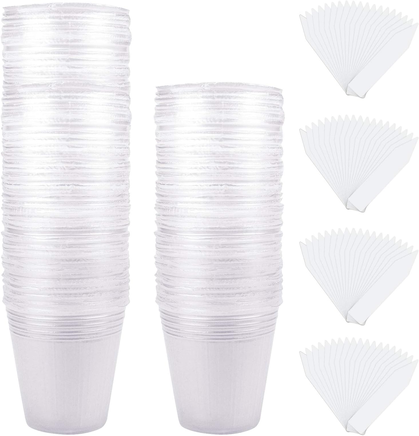HOVEOX 100Pcs 3 Inch Plant Nursery Pots with 100Pcs Plant Labels, Transparent Plastic Gardening Pot Planting Containers Indoor Succulent herb Planter for Seedlings Succulent Vegetable