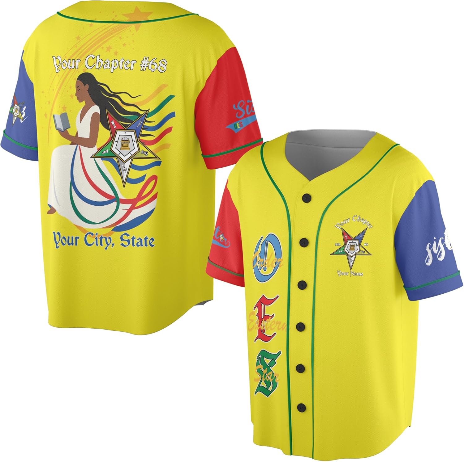 Custom Chapter Name OES Diva Sister Order of The Eastern Color Block 3D Baseball Jersey S-5XL