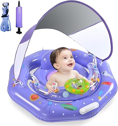 Miniatura 6 de Flotador de natación para bebé, diseño antivuelco, flotadores extra anchos para bebés de 6 a 12 meses, flotador de piscina infantil y toldo de Azul