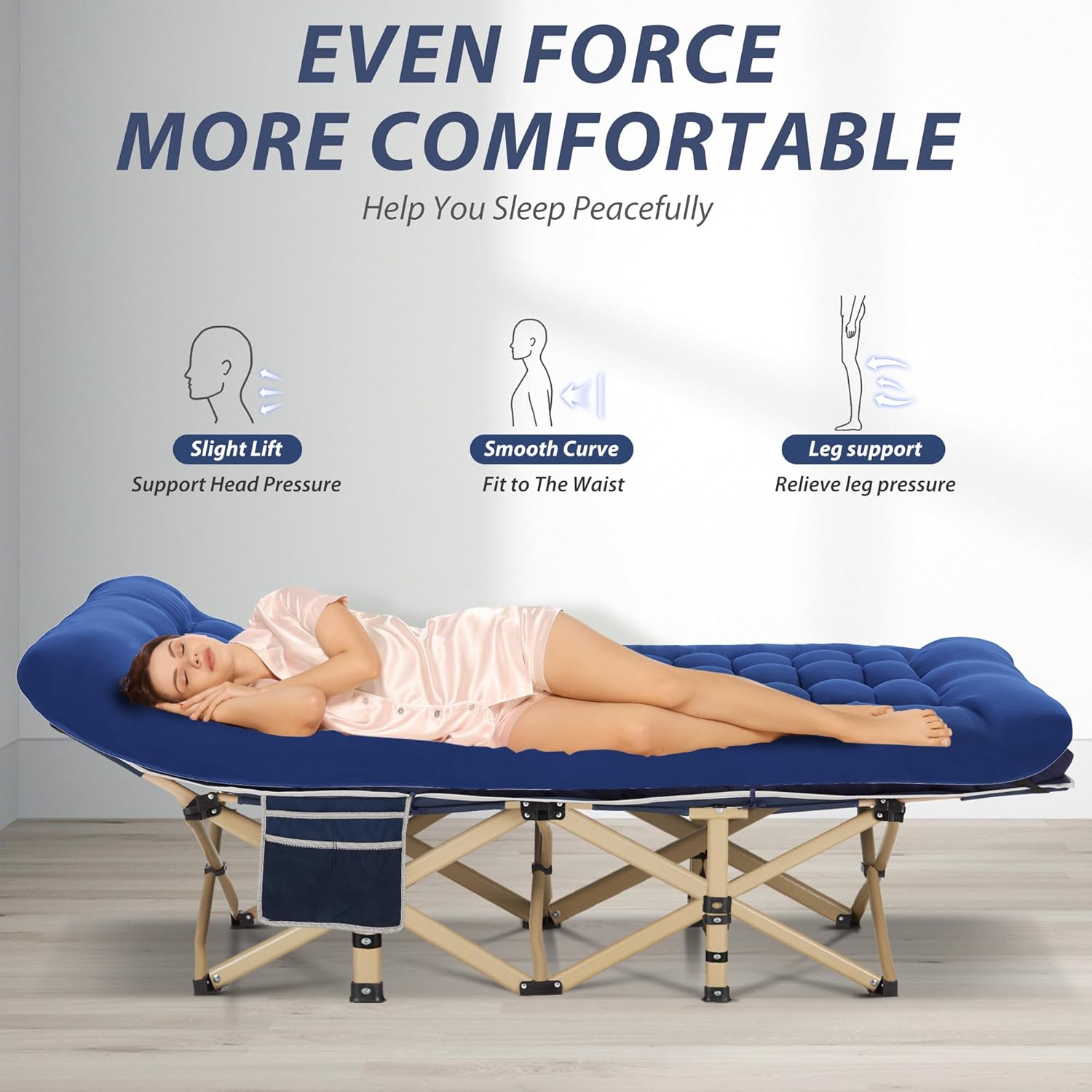 Folding Camping Cot for Sleeping, Portable Cots for Adults, Heavy Duty Cot Bed 550LBS(Max Load), Extra Wider Cots with Large Pocket for Outdoor, Office, Beach