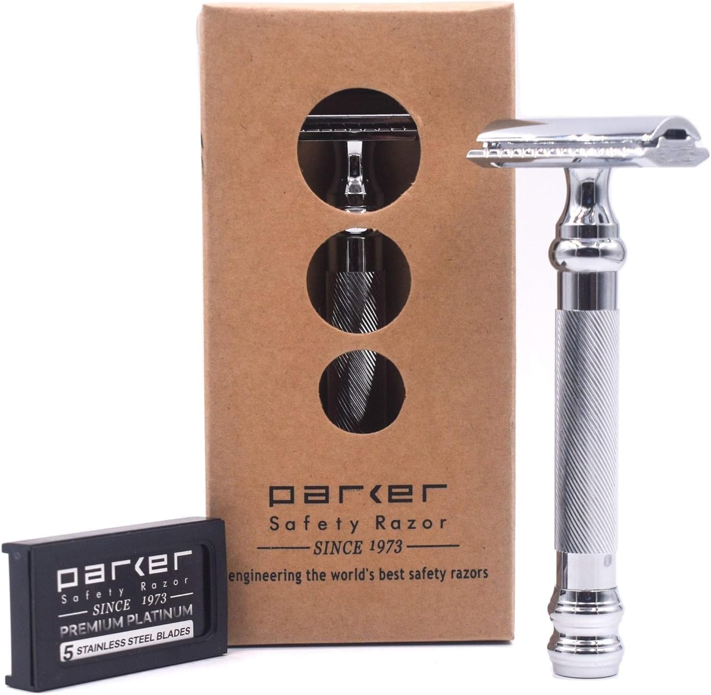 Parker 98R Heavyweight 3-Piece Double Edge Safety Razor – Long Handle, Closed...