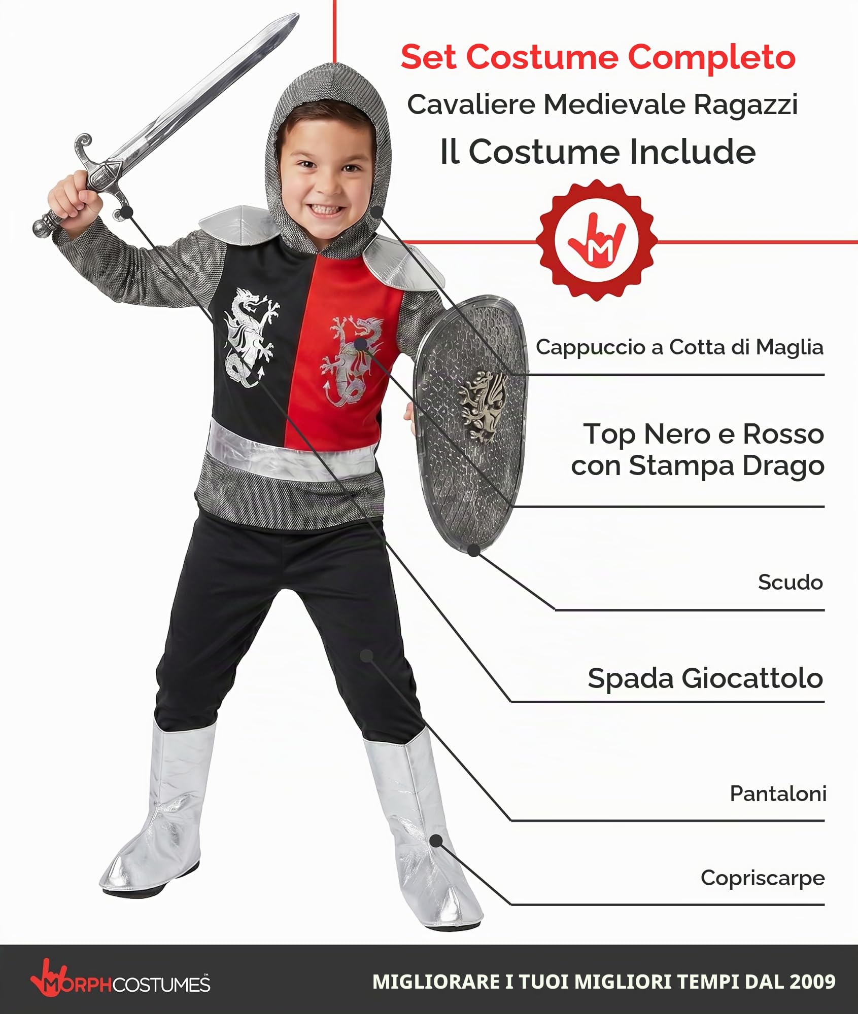 Morph Costume Cavaliere Bambino, Costume Medievale Halloween Bambino, M | Felpa con Cappuccio, Pantaloni, Spada & Scudo, Effetto Cotta di Maglia, Perfetto per Halloween, Ideale per il Gioco di Ruolo
