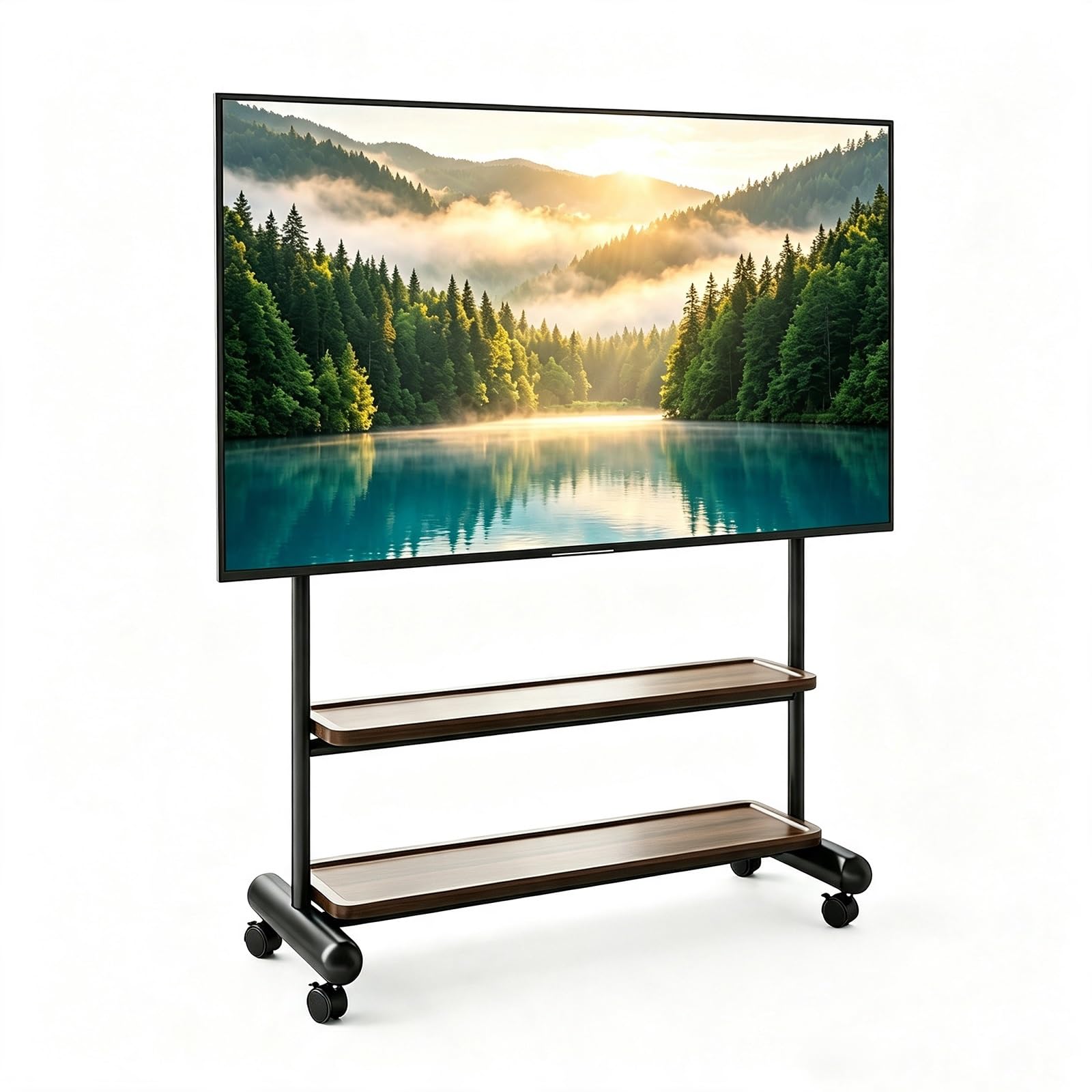 Supporto TV Mobile, Carrello TV Autoportante con Ruote | Doppio Ripiano con Bordi Rialzati, Ruote Bloccabili per TV a Schermo Piatto(Black)