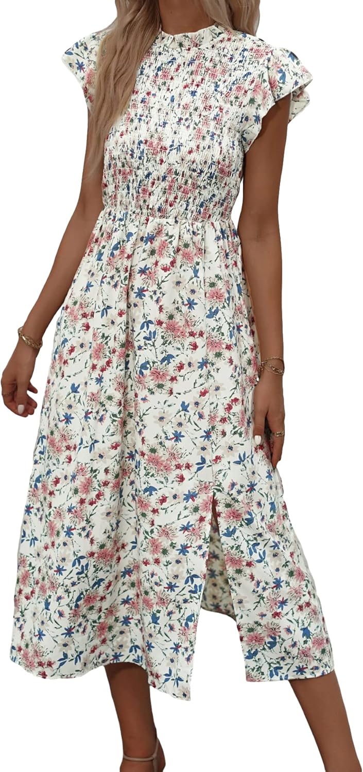 Milumia Women's Ditsy Floral Tie Neck Ruffle Hem Smocked Cap Sleeve Flowy Midi Dress