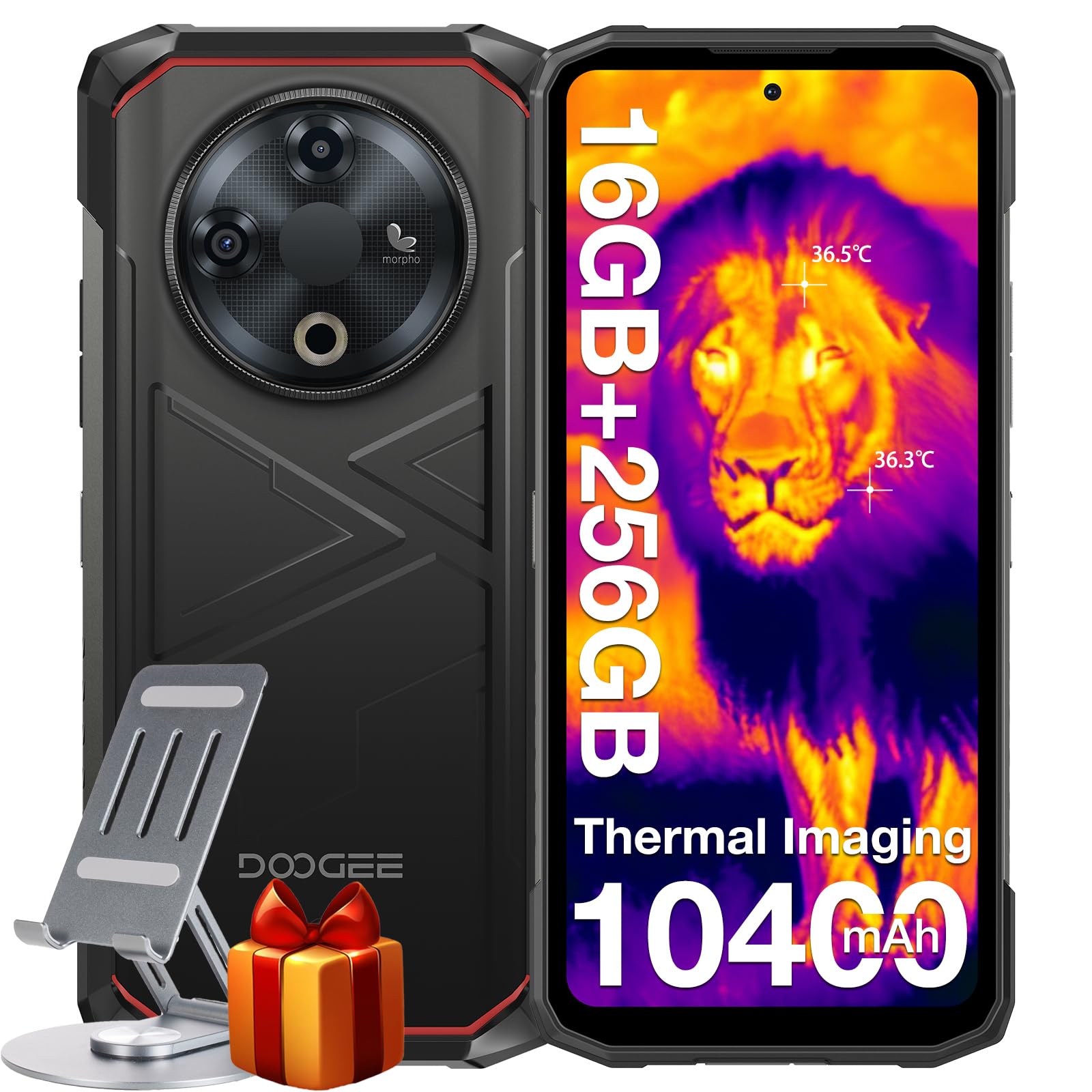 DOOGEE Fire 6 Rugged Smartphone, Thermal Imaging Camera, 10400mAh,16GB+256GB/TF 2TB Rugged Phone, 50MP AI Camera, 6.56" HD+IPS Unlocked Cell Phone, 3 Cards Slot/IP68/IP69K/Face Unlock/Fingerprint/OTG