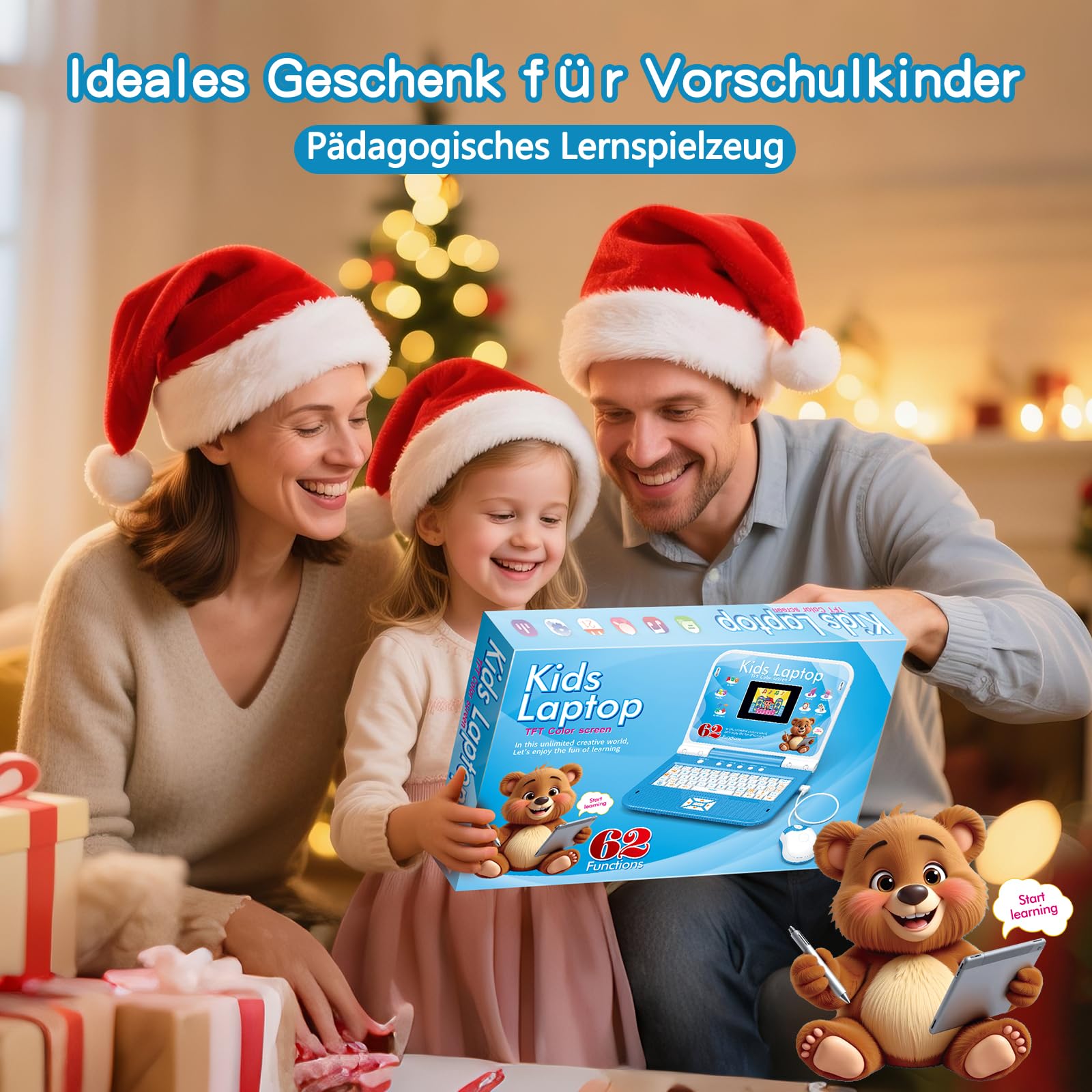 Kinderlaptop Lerncomputer Blau Farbdisplay Maus: Englisch Lernen, 62 Aktivitäten Mathe Spiele, Pädagogisches Geschenk für Mädchen ab 5 Jahre