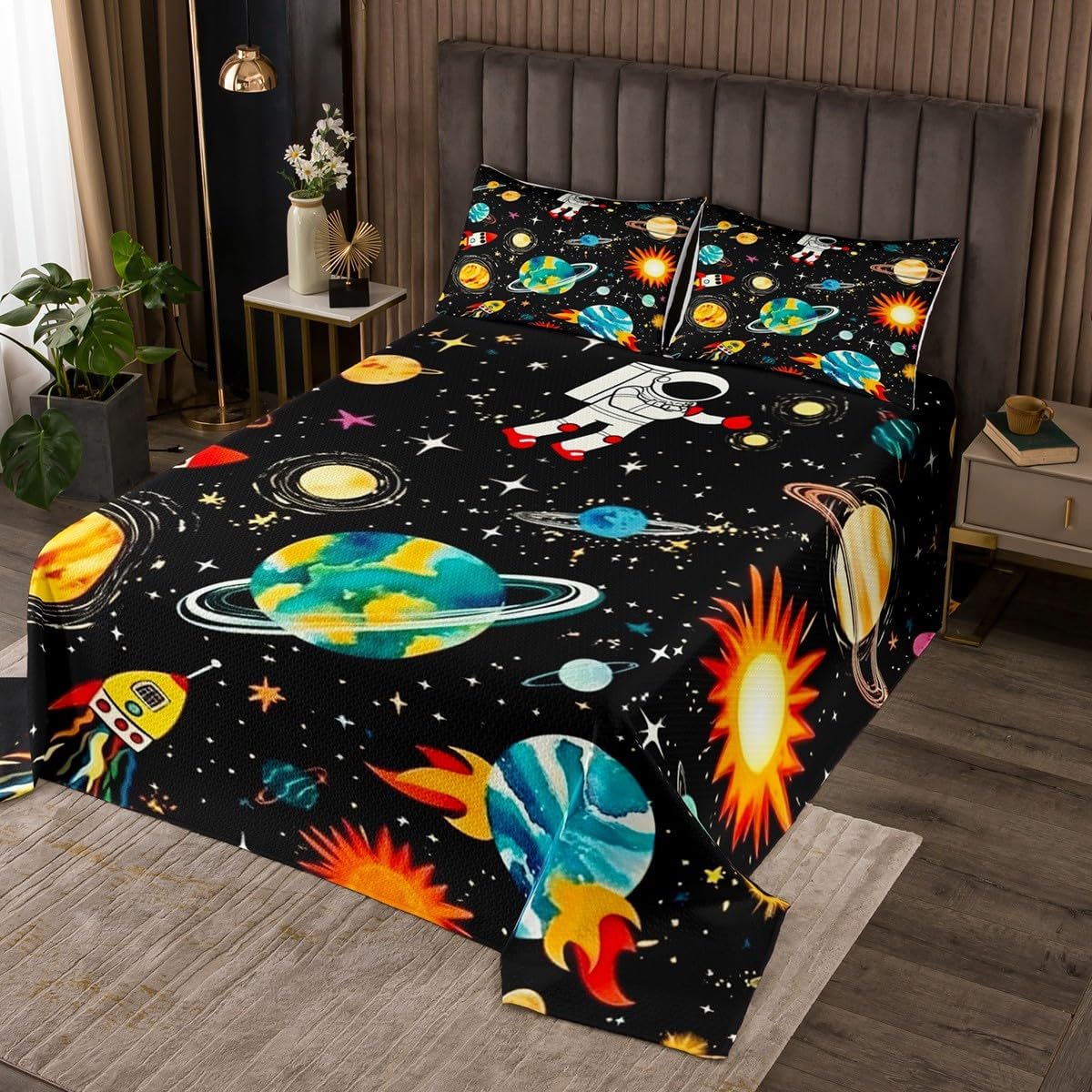 Erosebridal Galaxy Quilt Set Queen Size for Kids Teens Adults,Cartoon Planets Astronaut Coverlet Set,Outer Space Bedspread Set,Rocket Bed Cover Bedroom Decor