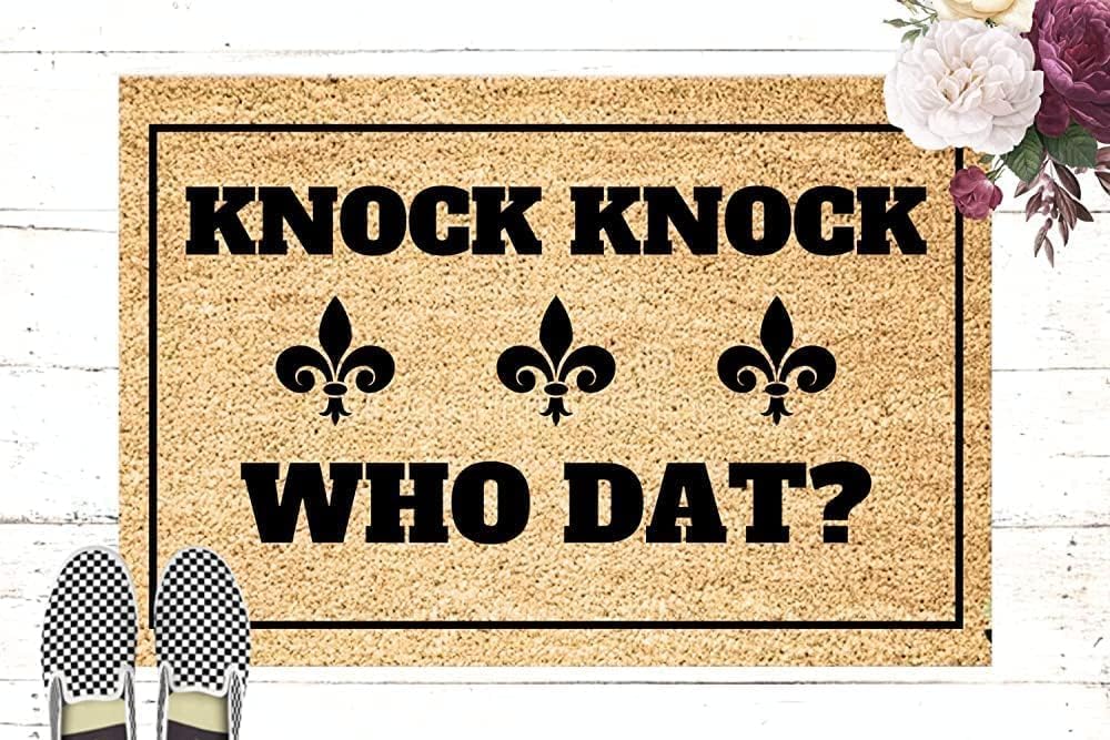 Yunking Knock Knock Who Dat Doormat, Fleur De Lis, Saints Football Gifts, Who Dat Floor Mat, Non Slip Floor Mat for Home Bathroom Kitchen Entrance 16 x 24 inch