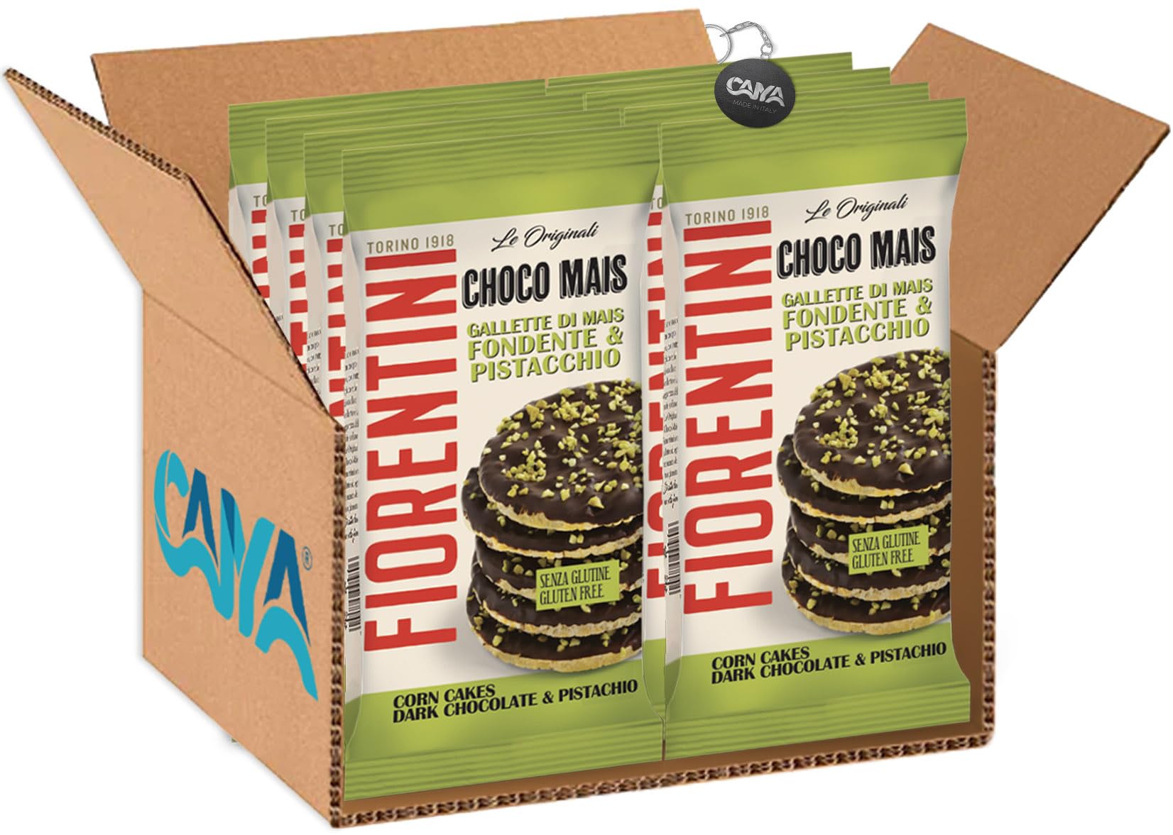 Fiorentini Choco Mais Gallette di Mais con Cioccolato Fondente e Pistacchio Vegane e Senza Glutine (Gluten Free) 72g [CAIYA® BOX da 8 Confezioni]